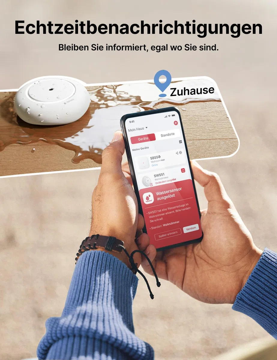 X-Sense Smart Wassermelder mit Batterie, WLAN Wassersensor, kompakter Überschwemmungssensor mit Einstellbarer Lautstärke von bis zu 110 dB sowie 500 m Reichweite, für Küchen, Keller und Badezimmer