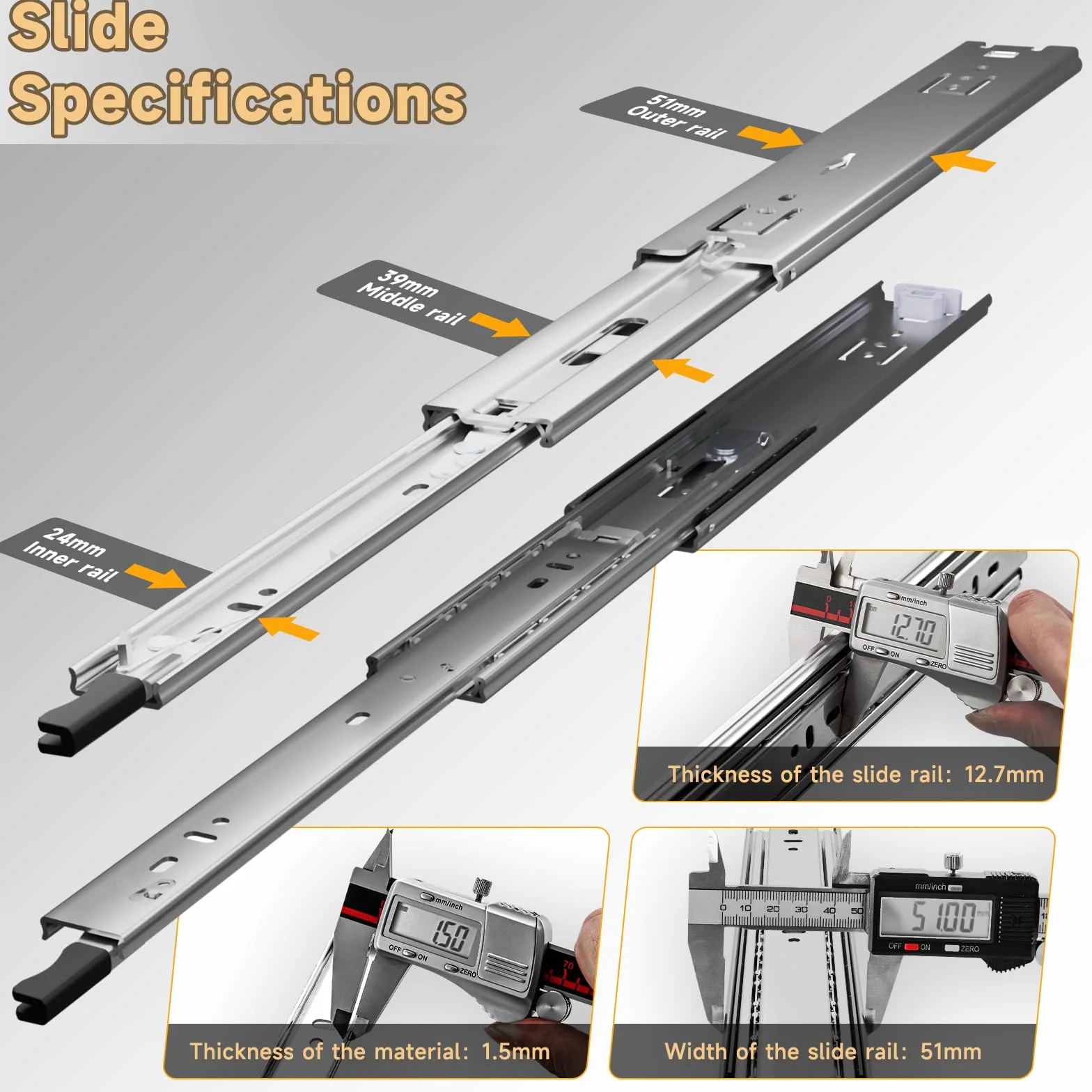 AOLISHENG Schubladenschiene Vollauszug 1000 mm, Schwerlastauszug 51 mm Breite mit Verriegelung 50 kg Tragkraft, für Schrank, Werkstatt, Wohnmobil und Industrie, 1 Paar (2 Stück)