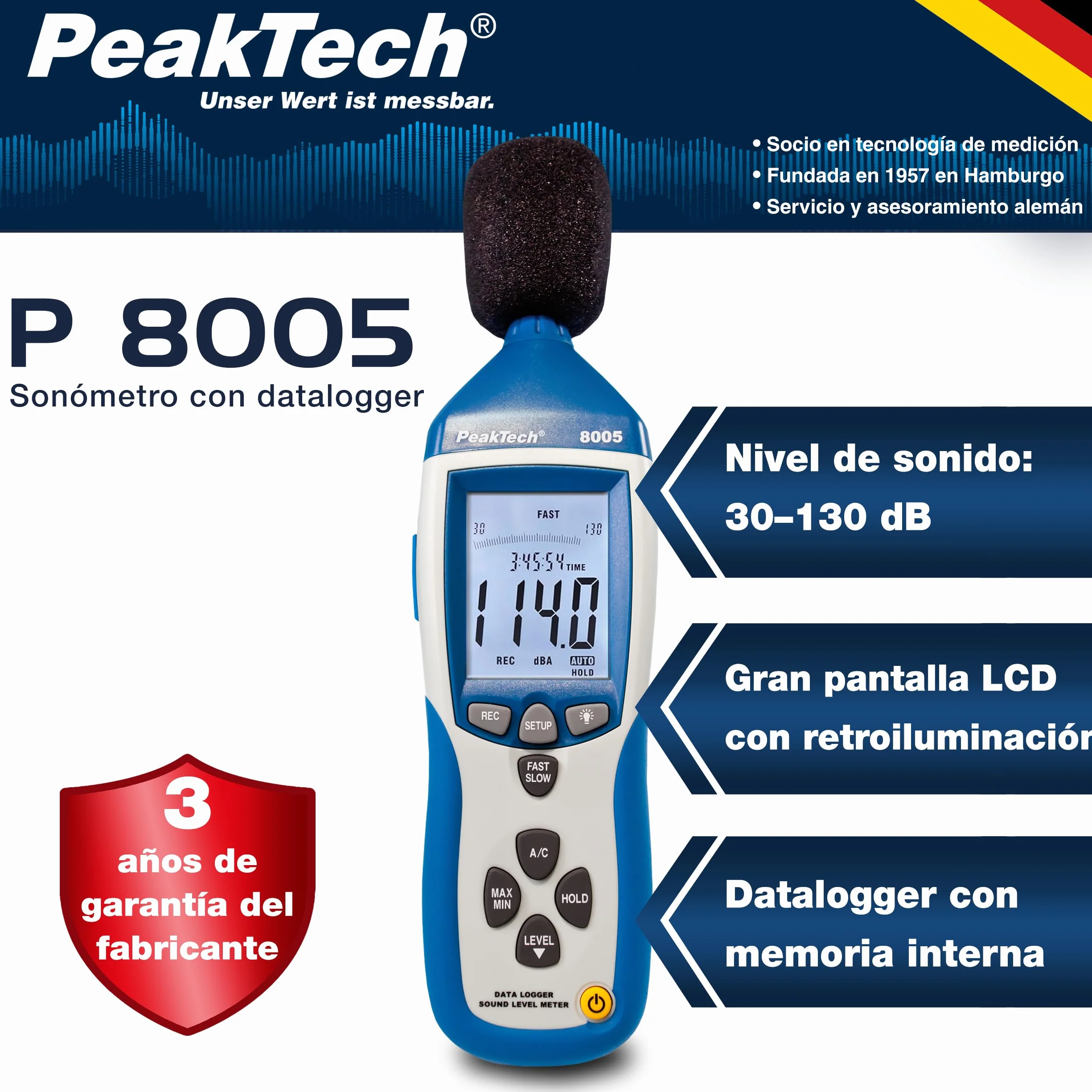 PeakTech P 8005 – Hochpräzises Schallpegelmessgerät Klasse 2 30-130 dB – Kalibriertes Dezibel Messgerät mit Aufzeichnung (32.000 Messwerte) – Lautstärke Messgerät mit USB Anschluss und AC/DC-Ausgängen