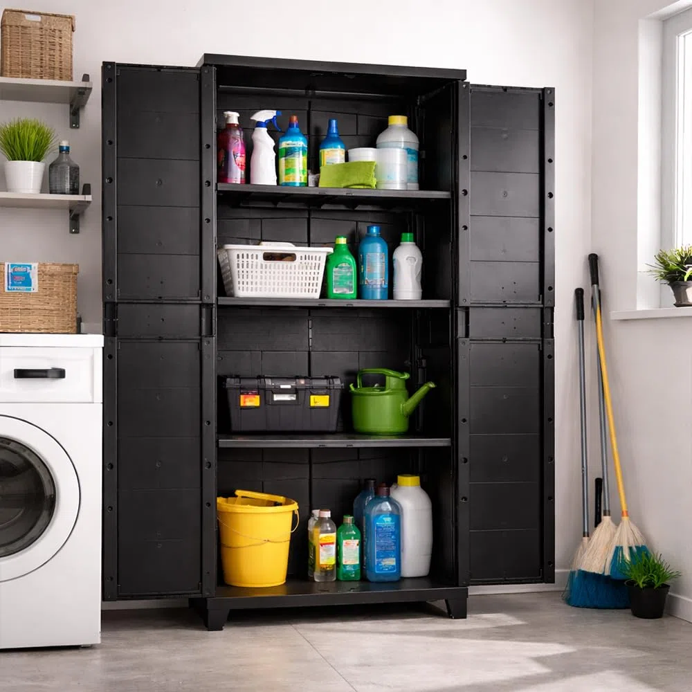 Ondis24 Kunststoffschrank Prime Beistellschrank mit 3 Böden verstellbar 15 kg Schwarz Abschließbar Mehrzweckschrank für Haushalt, Keller & Abstellraum (Schloss Nicht enthalten) (172cm)