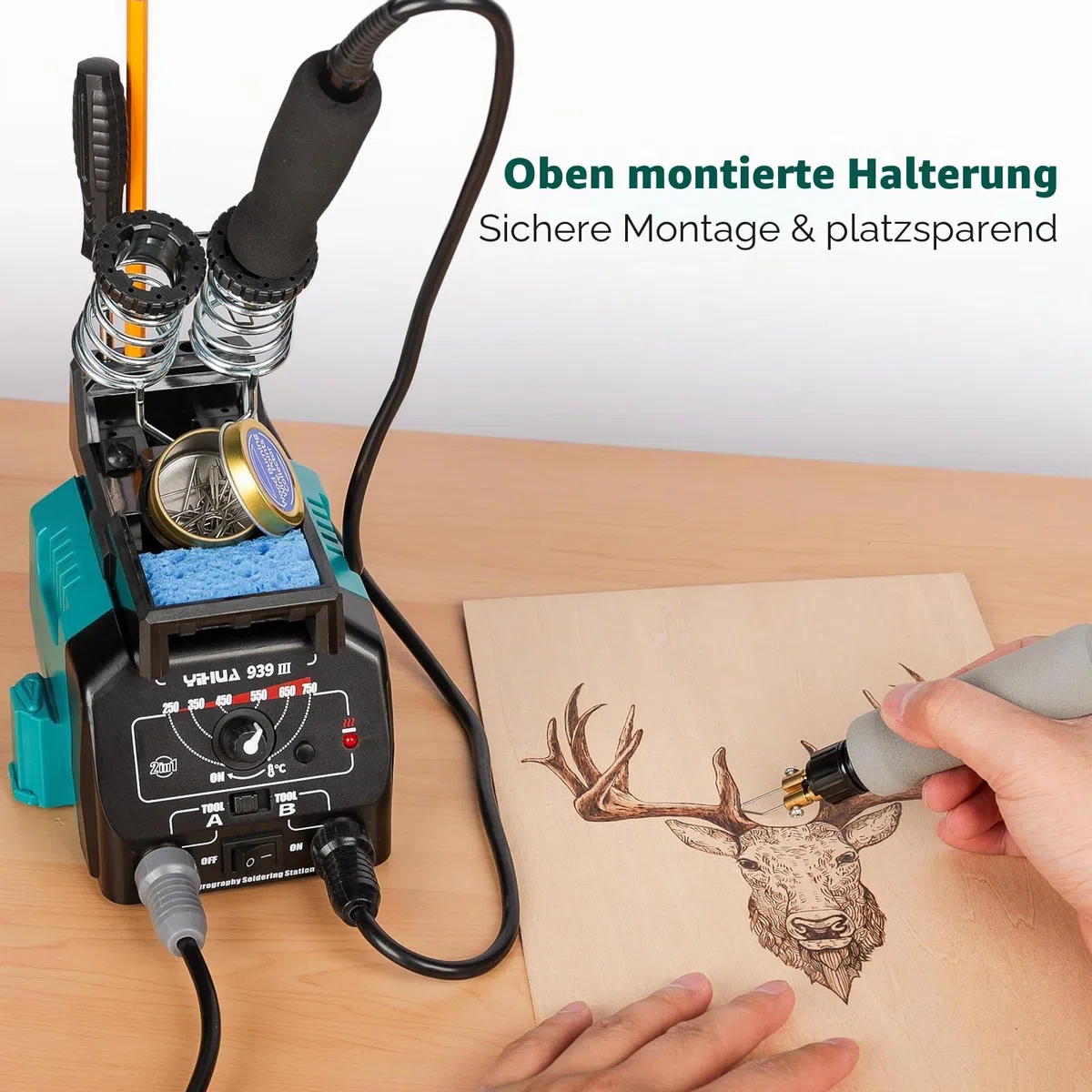 YIHUA 939-III Brandmalerei-Werkzeugset Holzbrennstation mit 2 Brandmalkolben-Stiften (Drahtspitzen-Typ) mit 20 Holzbrennspitzen 2 Brandmalerei-Holzstücken (EU PLUG)