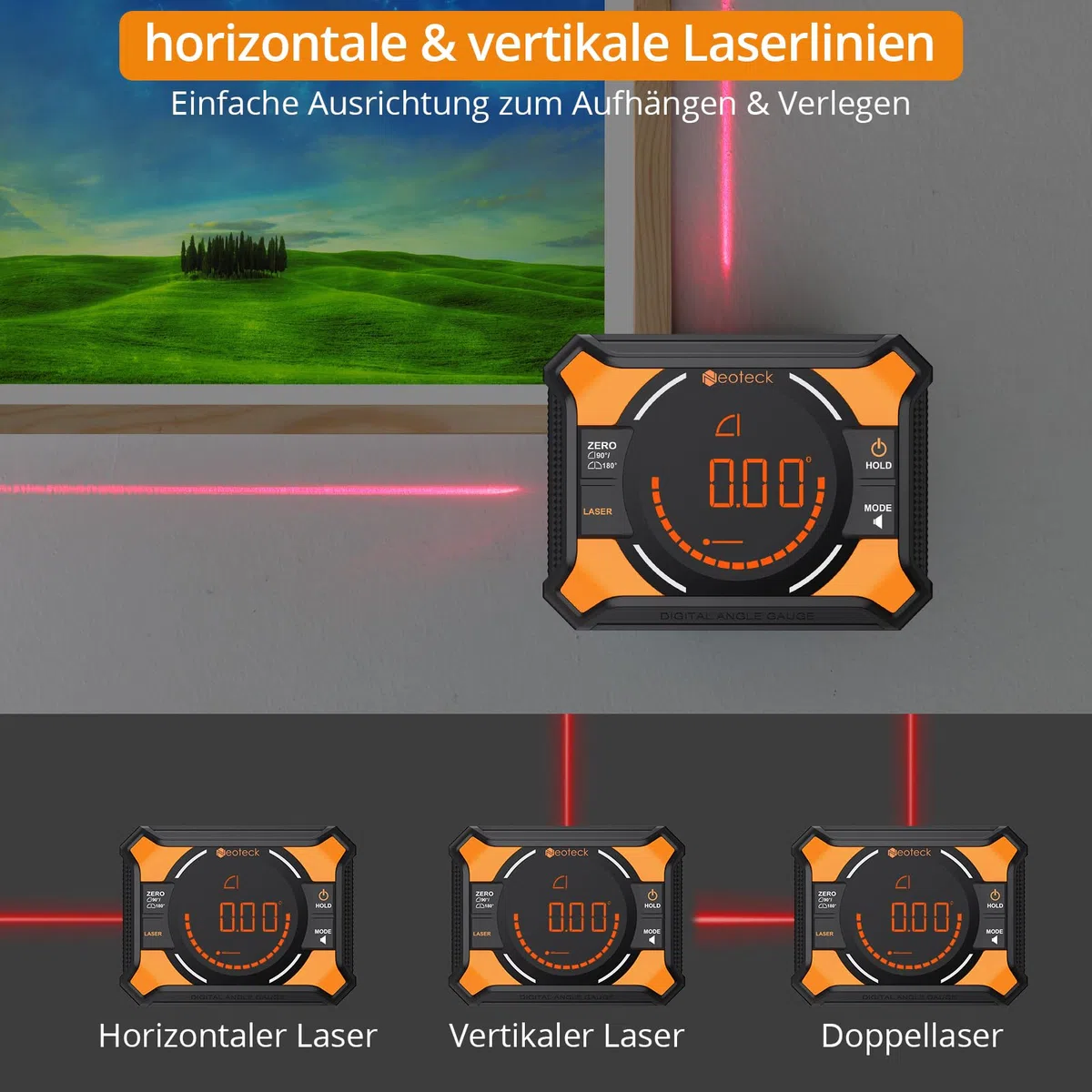 Neoteck Digitaler Winkelmesser 3 IN 1 Neigungsmesser Laser Wasserwaage mit LED Display, Kreuzlinie für Holzarbeiten, Säge, Hängerahmen, DIY