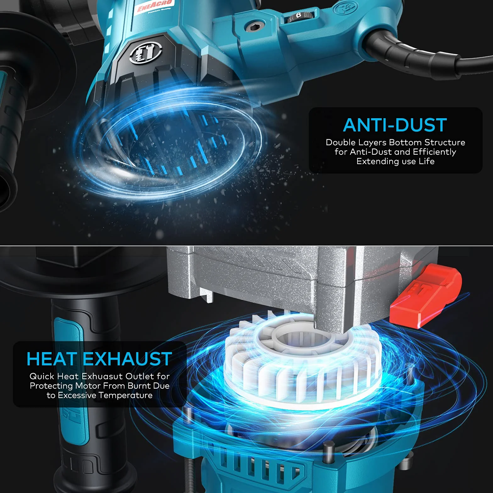 ENEACRO SDS-Plus Bohrhammer, 1500W 6Joule Abbruchhammer 6 Variable Geschwindigkeit 0-920U/Min mit 4 Funktionen, Anti-Vibrationsgriff und Sicherheitskupplung, 32 mm Bohrleistung in Beton