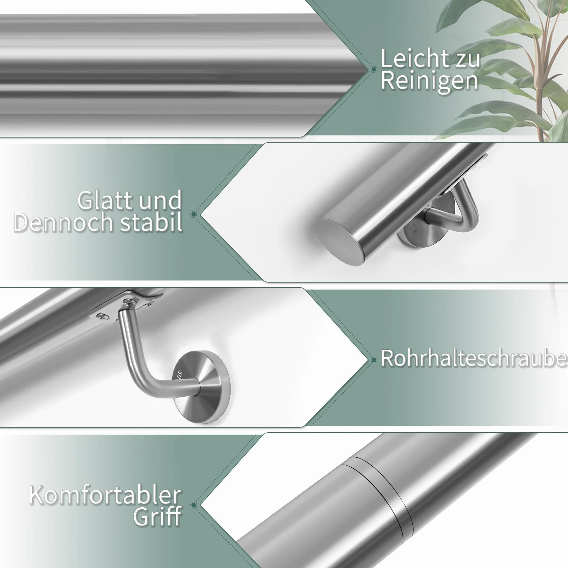 OUUTMEE Handlauf Edelstahl für Treppen 100cm Wandmontiertes Treppengeländer mit Halterungen,rund Ø 42 mm,Innen Außenhandlauf für Dachboden, Veranda, Garage Terrasse