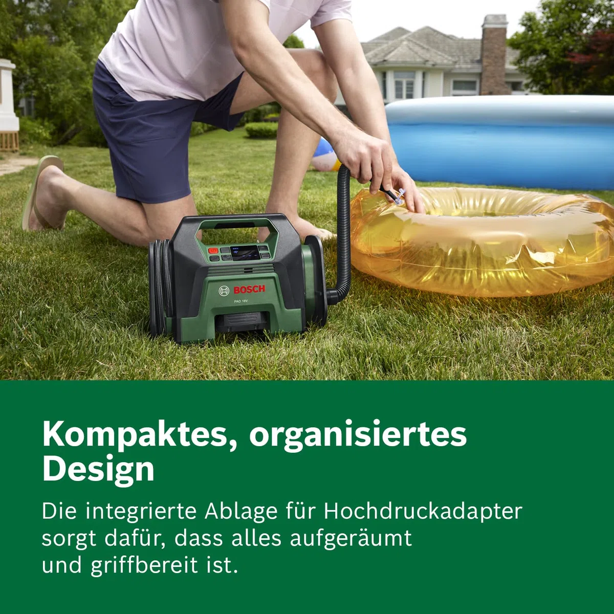 Bosch Akku-Kompressor PAO 18V (Zum Aufpumpen von Reifen bis hin zu großen Schlauchbooten; inkl. Reifenventil, Luftpumpenclip, französischem Ventil, Ballnadel, Volumenadapter)