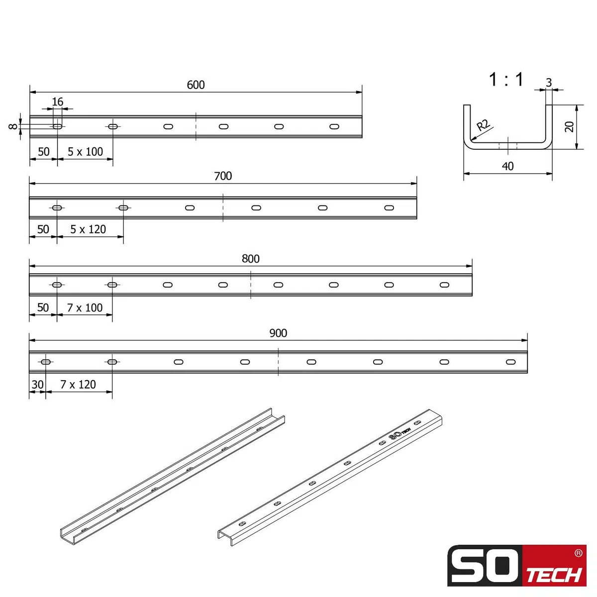 SOTECH Gratleisten 3 Stück U-Form Stahl schwarz 70 x 4 x 2 cm für Tischplatten/inkl. Befestigungsschrauben und Einschraubmuffen Verstärkungsprofil, Querstrebe, U-Profil, Aussteifungsprofil