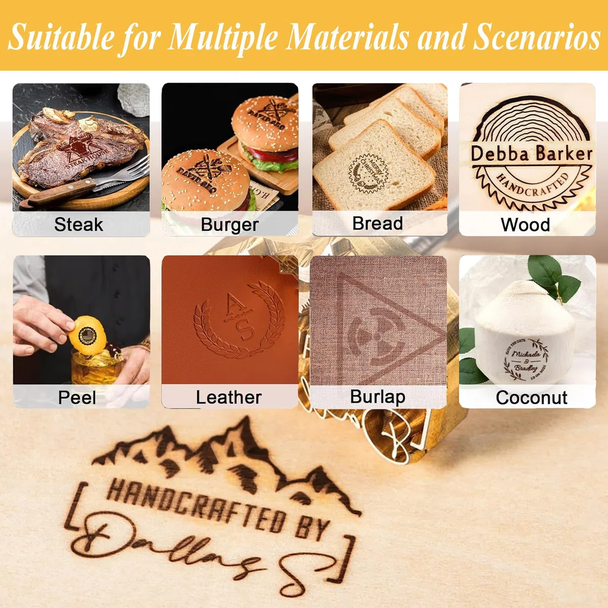 Personalisiertes Brandeisen für Burger, individuelles Logo für Holz, Leder, Grill, Kokosnuss, Steak (5.1cm)