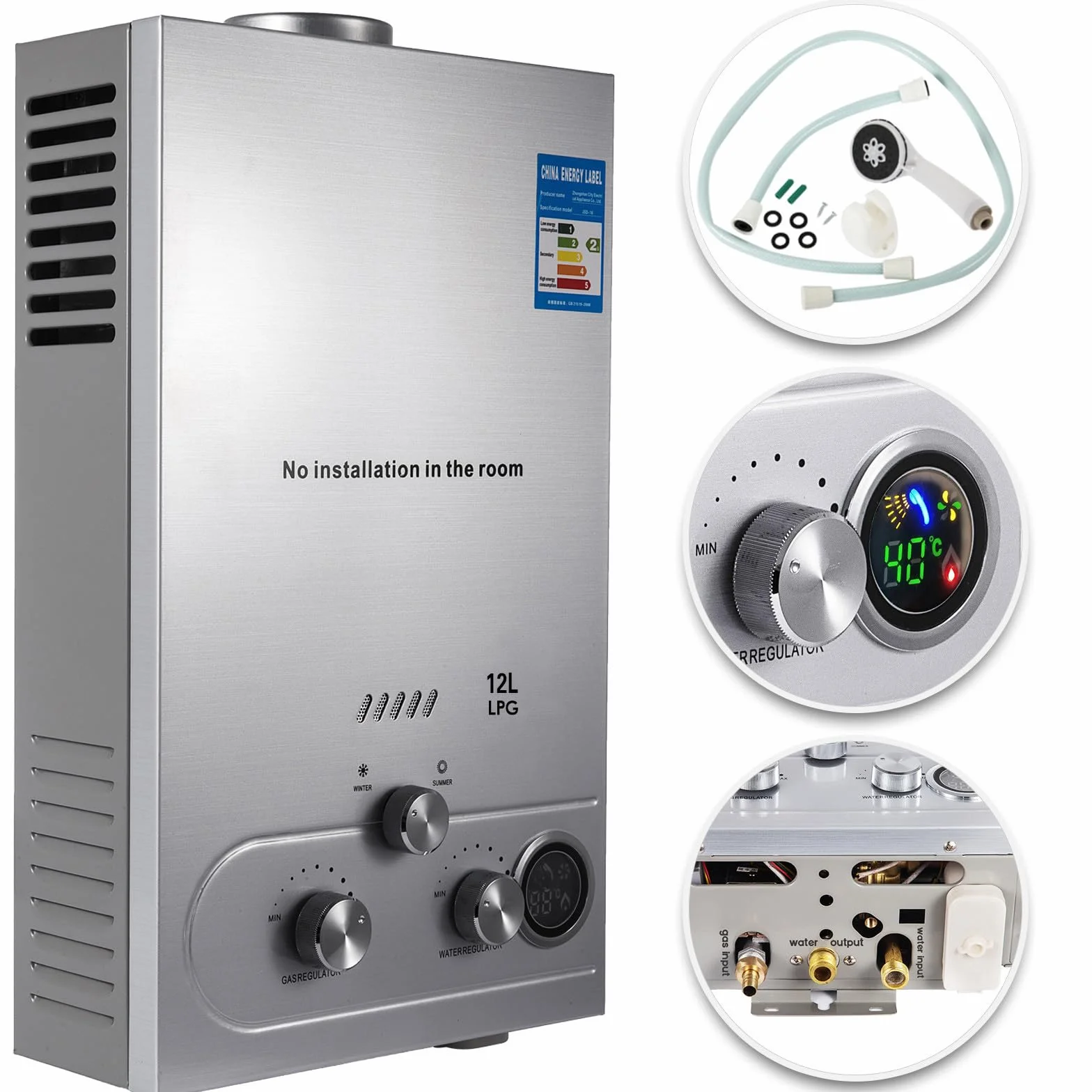 12 l LPG-Gas-Durchlauferhitzer mit Winter- und Sommermodus, 24 kW, an der Wand montiert, ohne Tank, automatischer Durchlauferhitzer mit Kupferkern und LED-Display