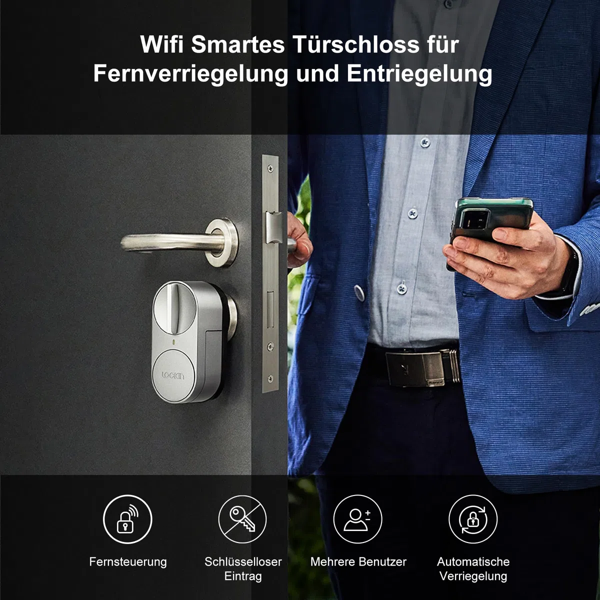 Lockin Smartes Türschloss G30 mit Keypad Pro, WLAN & App-Steuerung, Auto-Lock, Alexa- & Google-kompatibel, keyless Entry elektronisches türschloss, Fingerprint, Zutrittscode, Grau