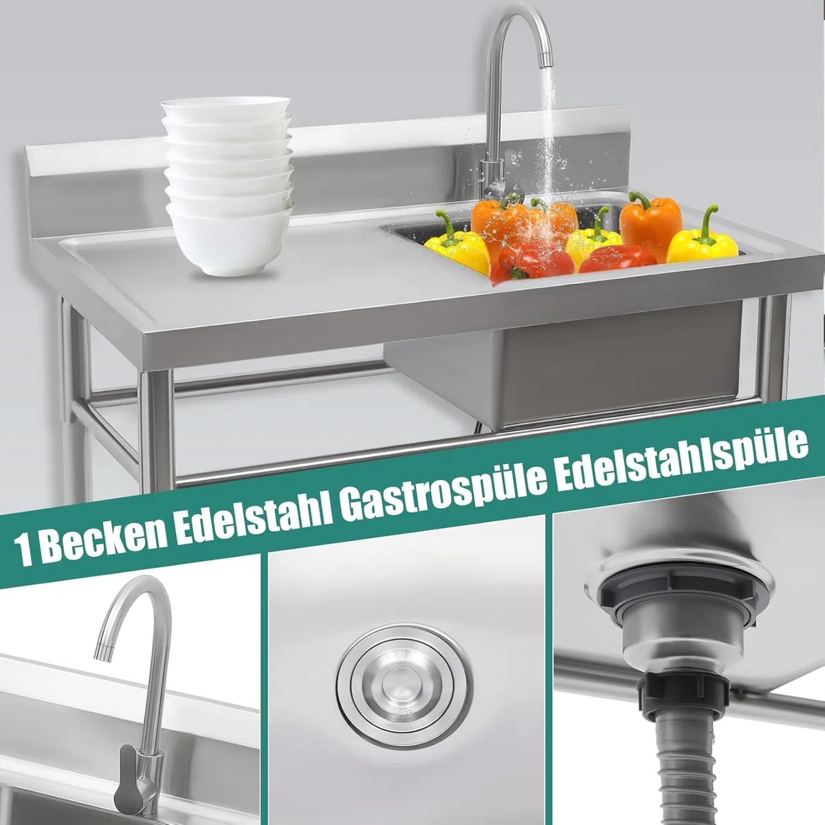 Küchenspüle,Spülbecken 1 Becken Rechts Spültisch Gastrospüle Spülbecken Edelstahlspüle Gastro Gastronomie Spüle Arbeitstisch Waschbecken Edelstahl,100cmx60cm