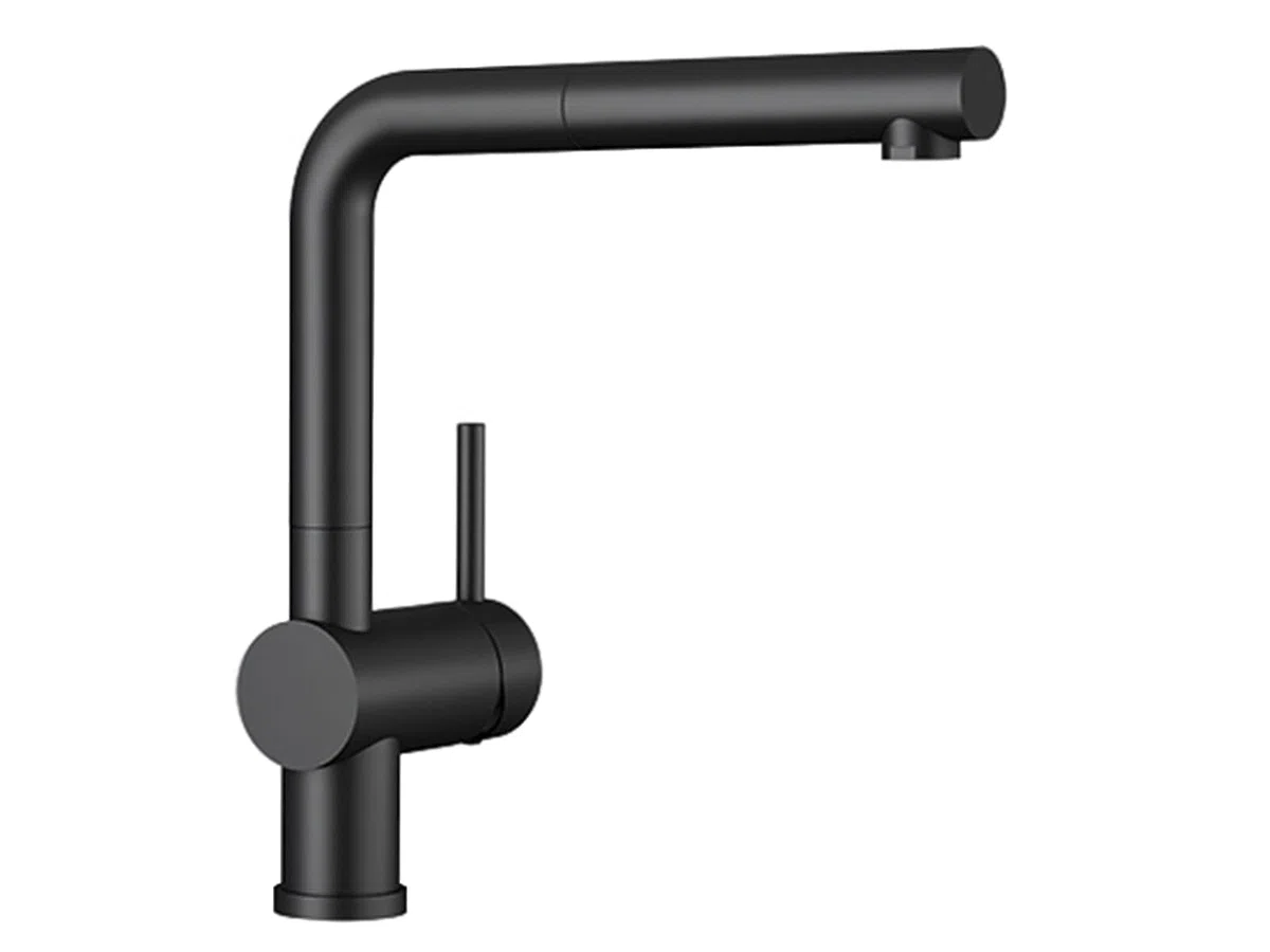 BLANCO LINUS-S | Küchenarmatur in schwarz matt | Hochdruck | Mit herausziehbarem Schlauch | Rückflussverhinderer | Keramik Kartusche | Gesicherte Wasserqualität & wassersparend | [11x26,6x28,7 cm]