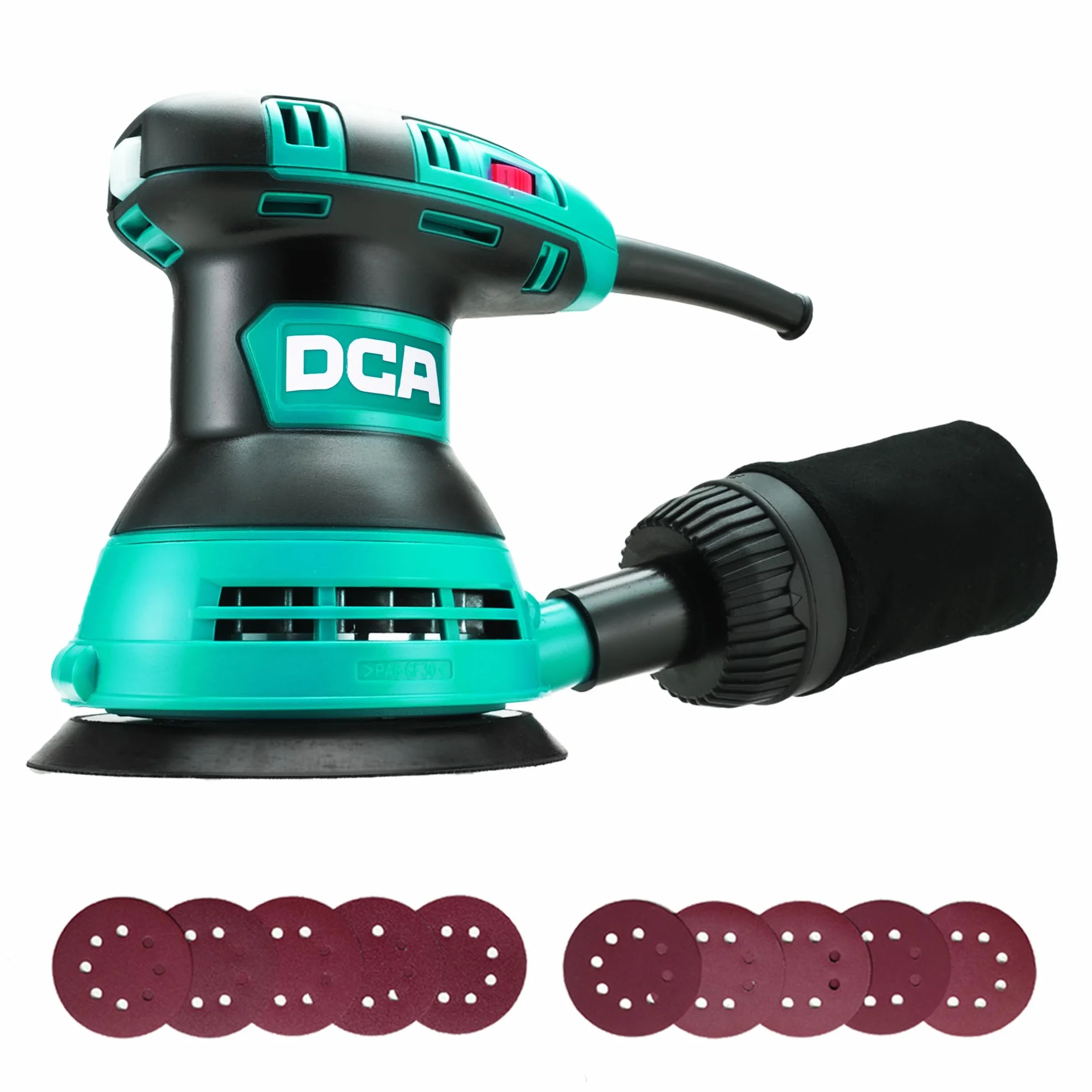 DCA Exzenterschleifer 300W, 125MM Schleifmaschine mit 6 Geschwindigkeiten, Max.12000 U/min, 0.3L Staubfangbehälter und Aubgeschützter Schalter, 10 Schleifpapier für Schleifen, Polieren von Holz, DIY