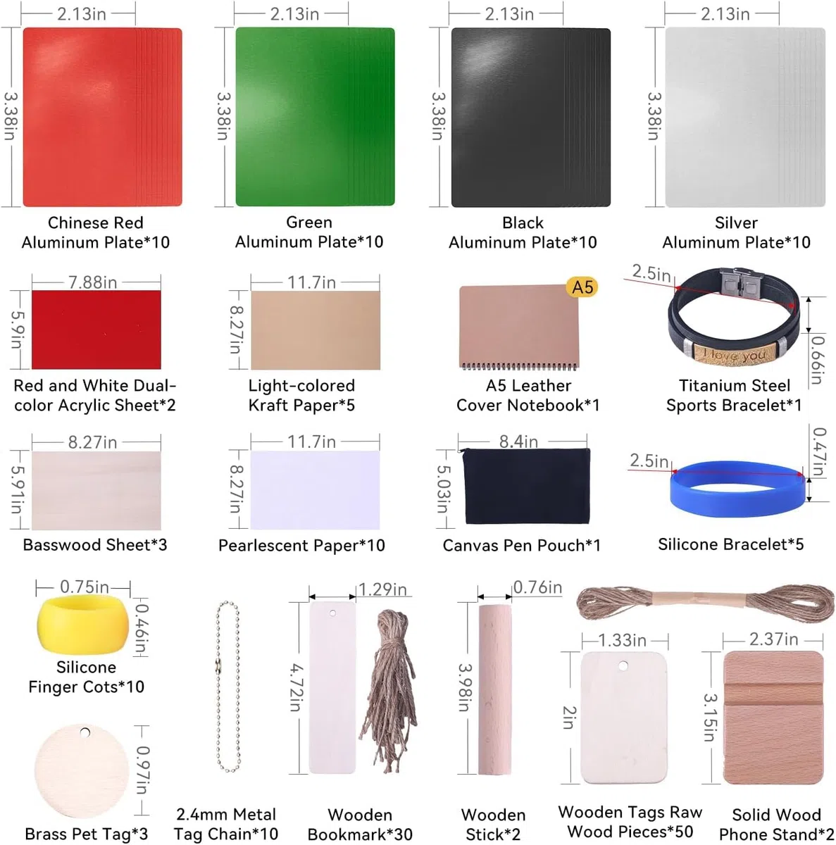 175-teiliges Laser-Gravur Material-Sortiment aus Holz, Metall & Acryl - DIY Starter Kit für Schlüsselanhänger, Hundemarken und Visitenkarten
