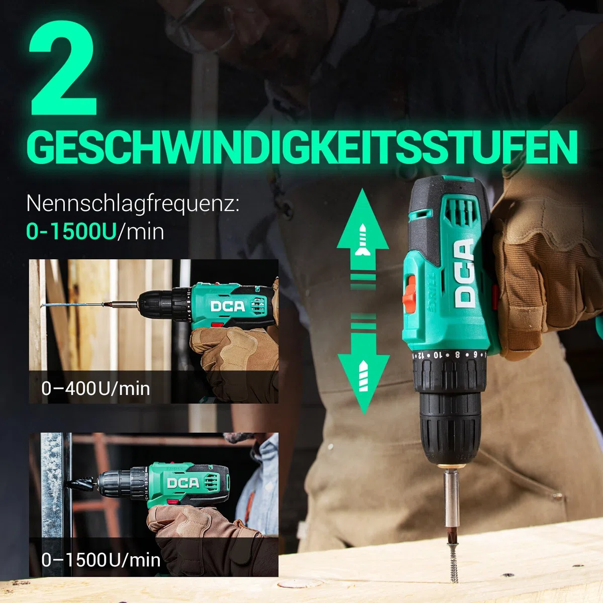 DCA Akku-Bohrschrauber-Set, 40 Nm Drehmoment, 10 mm schlüsselloses Bohrfutter, Elektroschrauber mit 2,0Ah Akku und Ladegerät, 18+1 Drehmomentstufen, 25-teiliges 20V-Bohrerset, Modell ADJZ2035