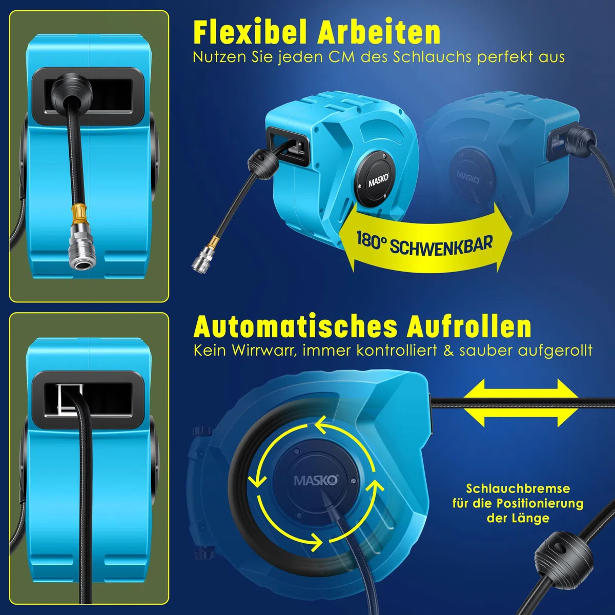 MASKO® Automatik Druckluftschlauch Aufroller 10m – Schlauchtrommel mit 1/4" Anschluss, Schlauchaufroller, Wandhalterung, Tragegriff, 180° schwenkbar, Schlauchbremse, vormontiert/sofort einsatzbereit