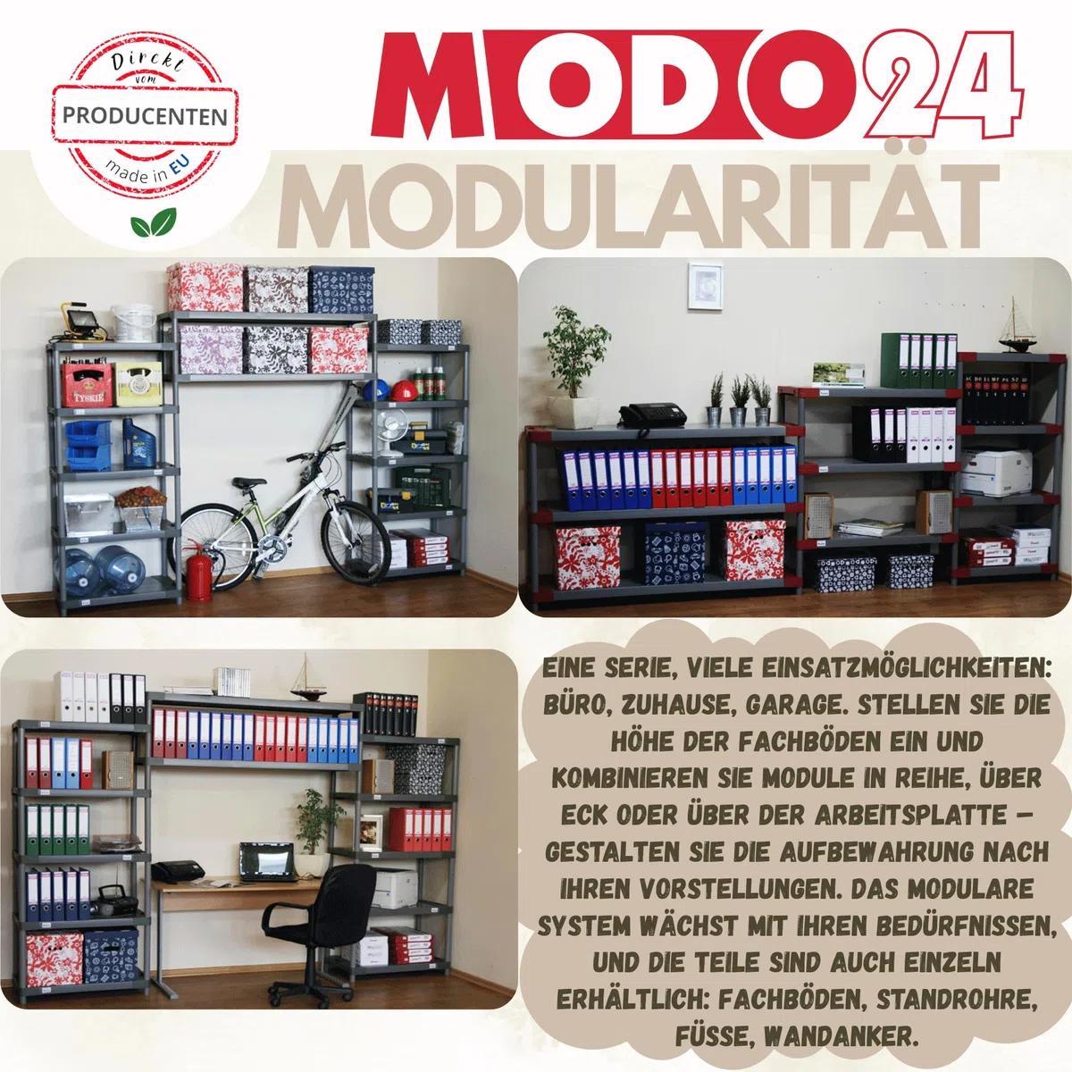 Plastikregal Kunststoff- Steckregal Werkstatt- Kellerregal Höhe 138 cm Tytan-4 (90 cm, Grau)