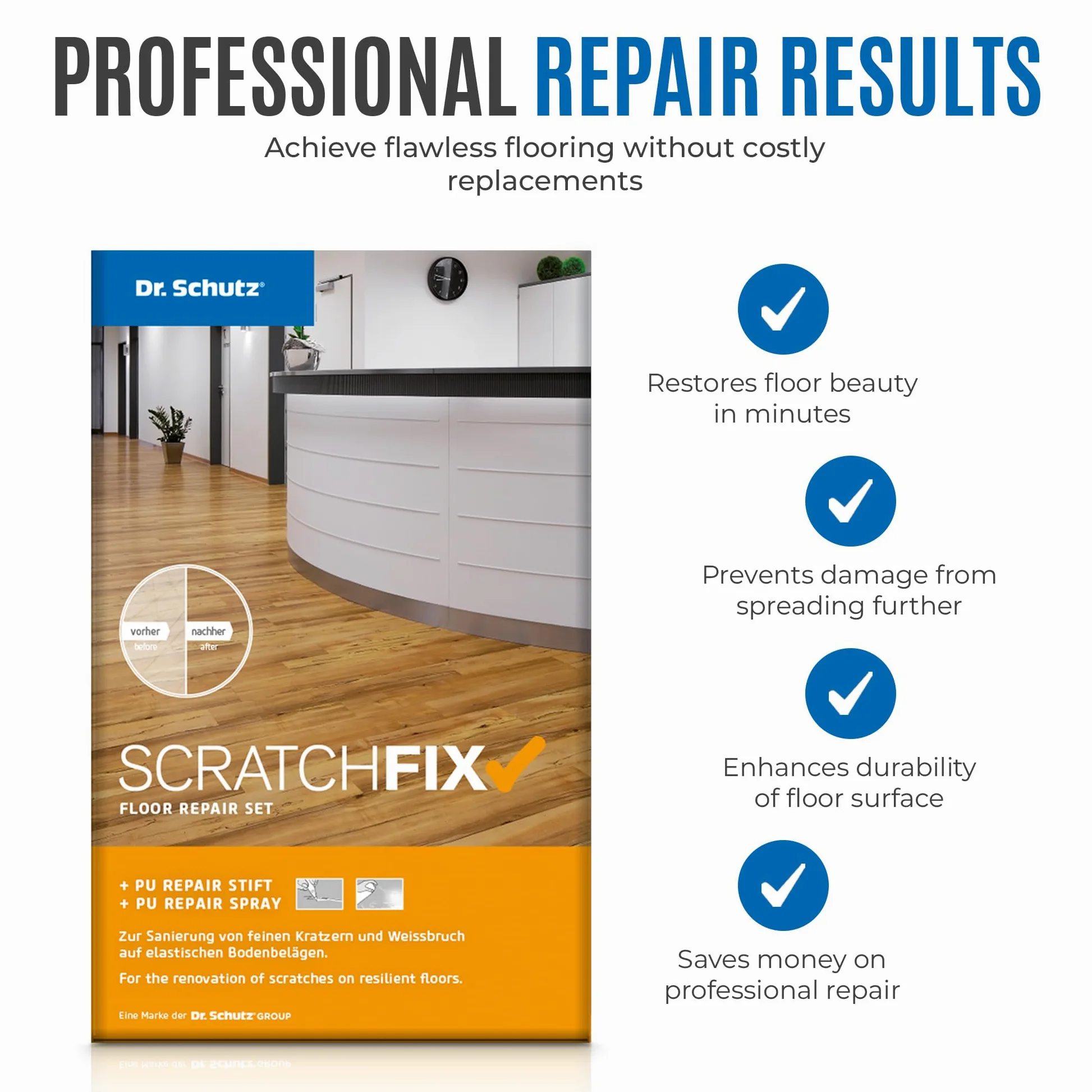 Dr. Schutz SCRATCHFIX Floor Repair Set | Reparatur Set für Hartböden, Designböden aus Vinyl, PVC, CV, Linoleum | entfernt Kratzer mit Repair Stift und Spray | PVC Reparaturset | Vinyl Reparaturset