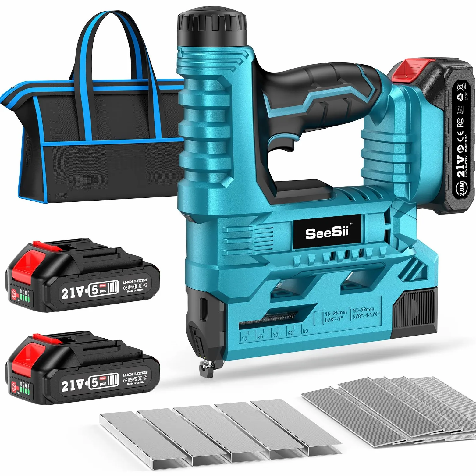 SEESII Akku-Nagler Set, 18GA Elektrische Nagelpistole mit 2 x 2,0Ah Akkus und 1000 Nägeln/Klammern, einstellbare Nageltiefe, 2-in-1 Brad-Nagler/Klammerer für Holzverarbeitung