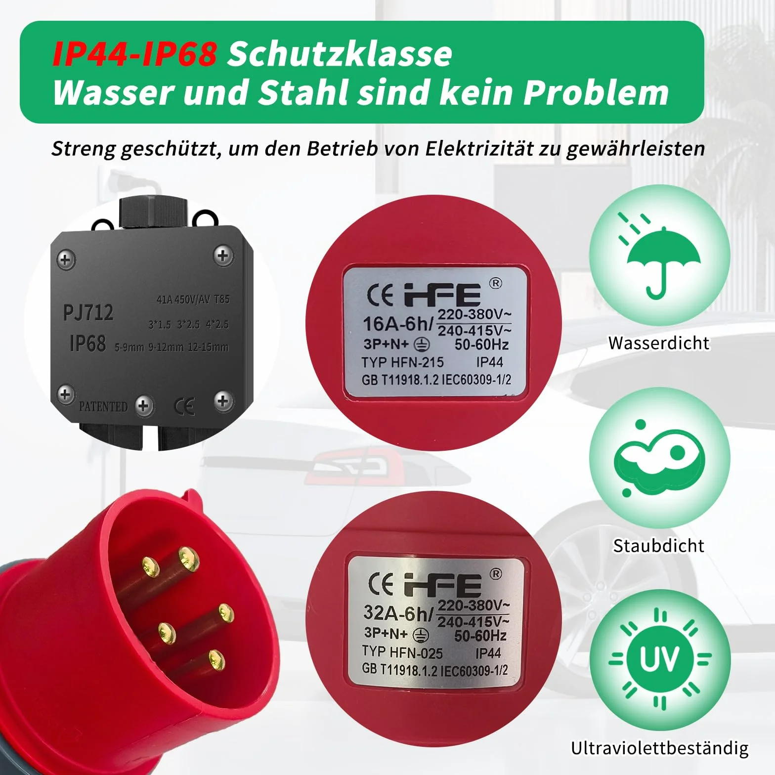Starkstrom CEE Adapter 32A auf 16A, 2 x CEE Stecker 230V 16A 5-polig, Verlängerungskabel IP44-68, Starkstromverteiler für Camping Außenbereich Industrie Baustelle Werkstatt-1.5M