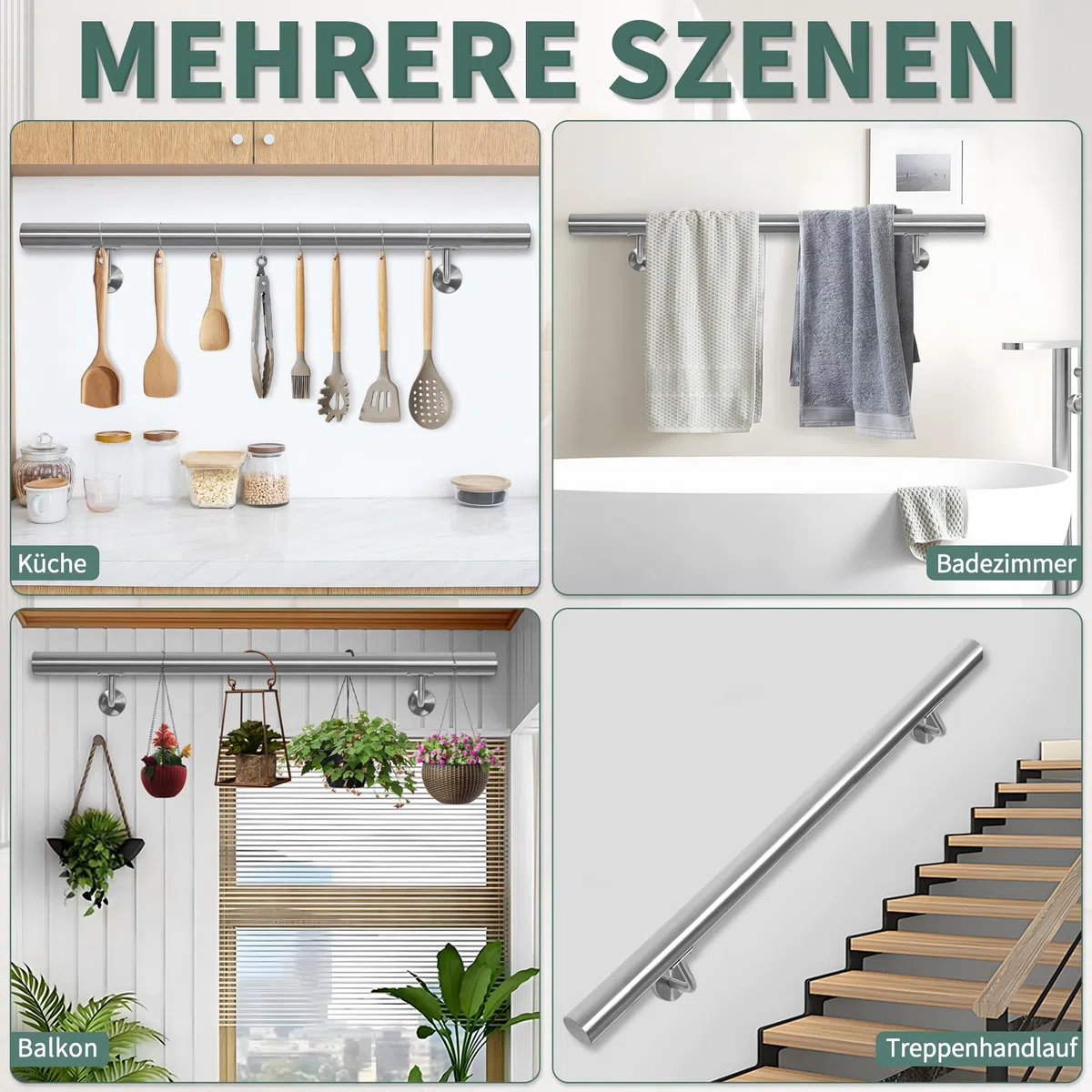 OUUTMEE Handlauf Edelstahl für Treppen 100cm Wandmontiertes Treppengeländer mit Halterungen,rund Ø 42 mm,Innen Außenhandlauf für Dachboden, Veranda, Garage Terrasse