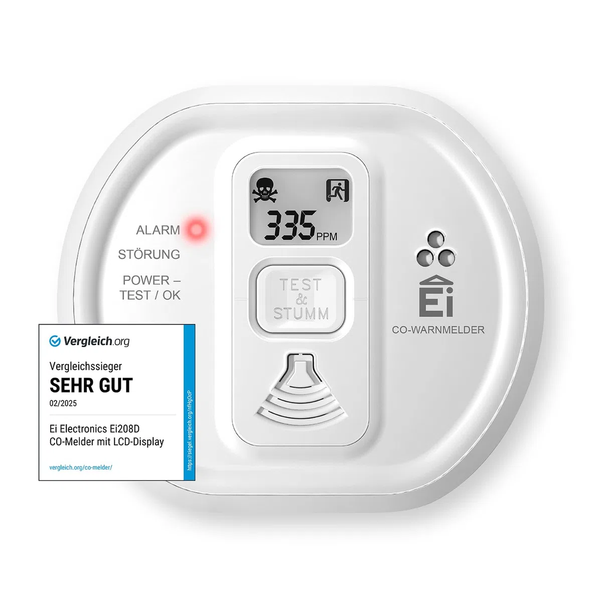 Ei Electronics Ei208D Kohlenmonoxidmelder CO-Melder LCD-Display Batterie 10 Jahre Stand-Alone weiß