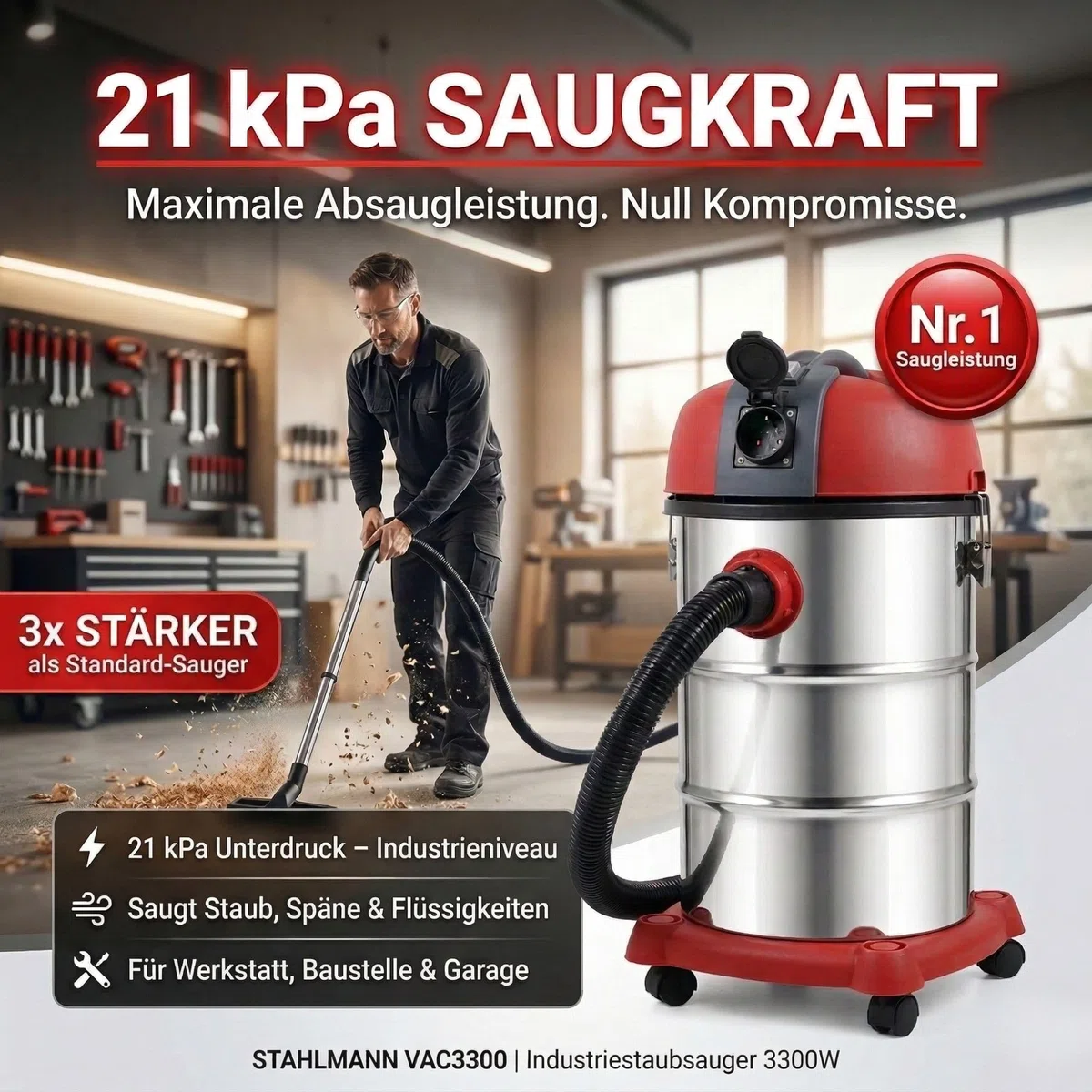STAHLMANN VAC3300 Industriestaubsauger 3300W | Steckdose mit Automatik (2000W) | Blasfunktion | 21kPa Saugleistung | Nass- & Trockensauger 30L | Werkstattsauger ohne Beutel | Baustellen-Sauger