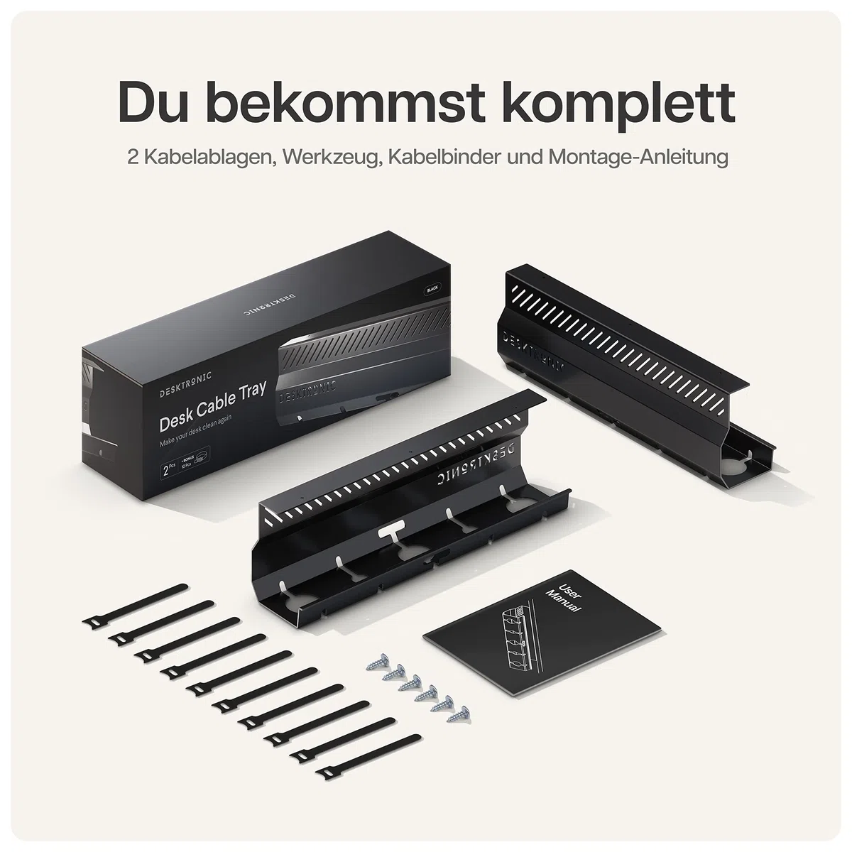 Kabelkanal Schreibtisch Schwarz 2er Set - Edelstahl Kabelmanagement Schreibtisch Kabelkanal mit 5 Kabelausschnitten - Einfach zu Installierender Kabel-Organizer - Kabelhalter von Desktronic