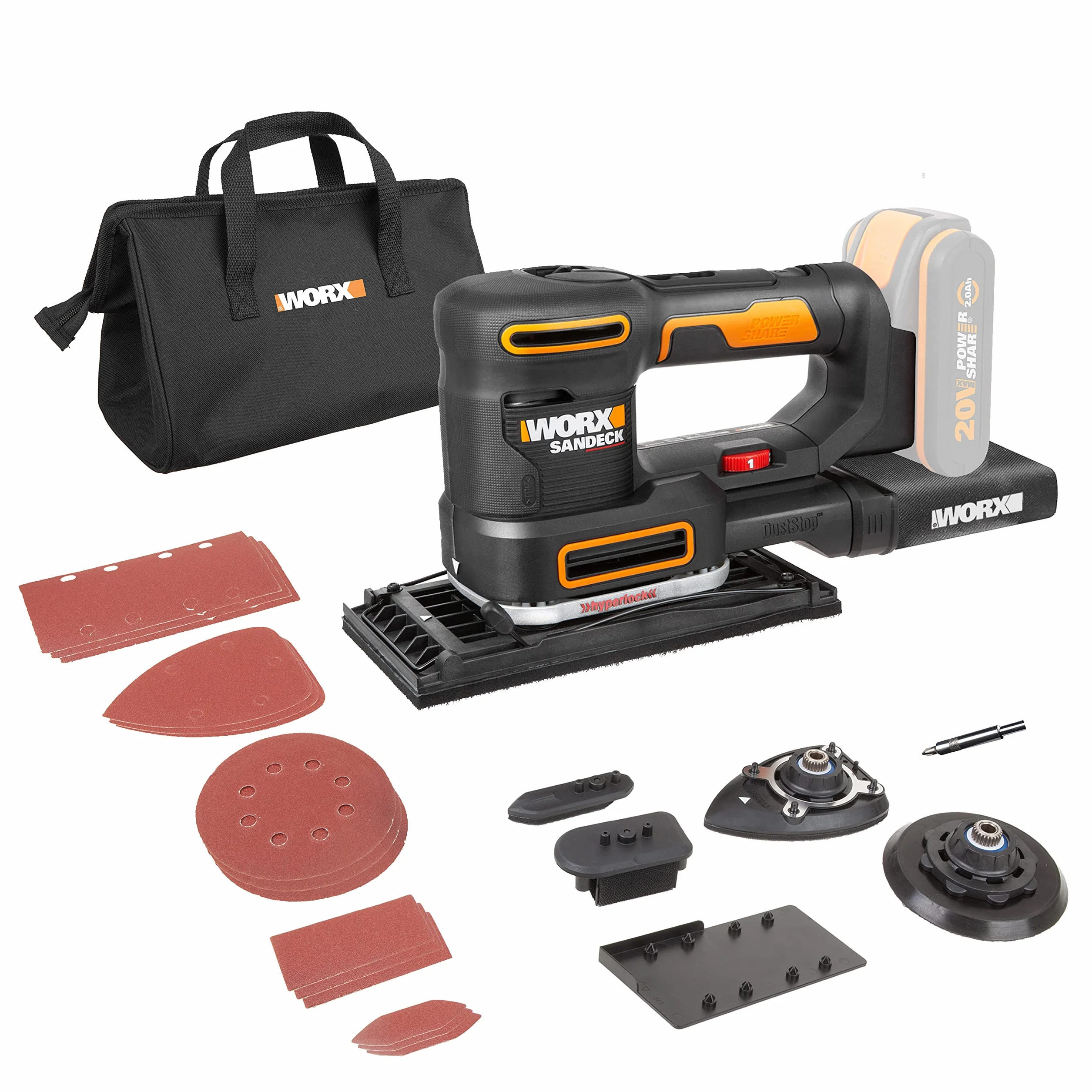 WORX WX820.9 Akku-Multischleifer – 5-in-1 Funktionen: Exzenter-, Fein-, Detail-, Konturen-, und Fingerschleifer – variable Geschwindigkeit – PowerShare kompatibel – Ohne Akku & Ladegerät, Schwarz