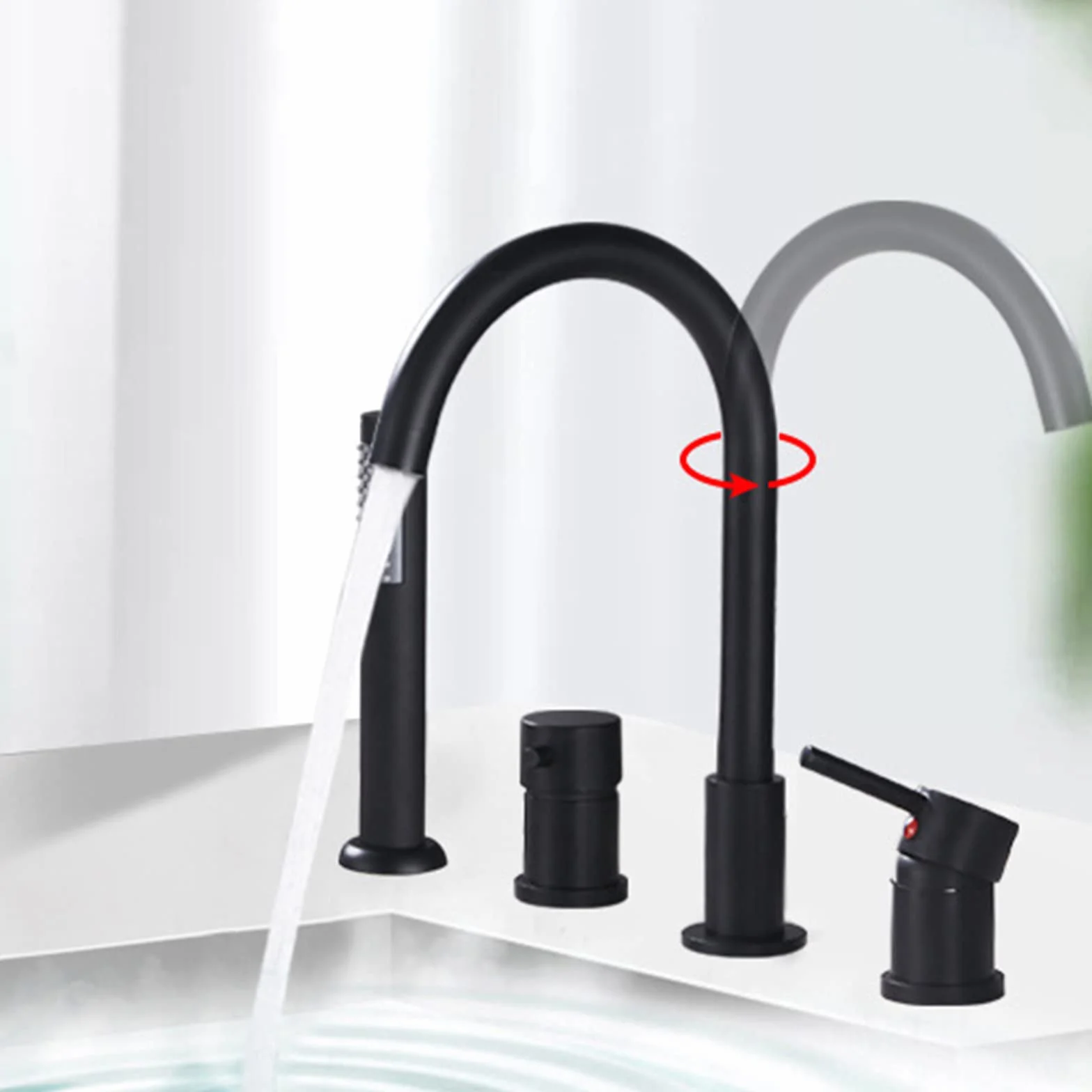 Mischbatterie für Badewanne und Dusche, 4 Wasserhahnlöcher, für heiße und kalte Wasserhähne, ausziehbar, für Badezimmer, modernes Design, Schwarz und Chrom