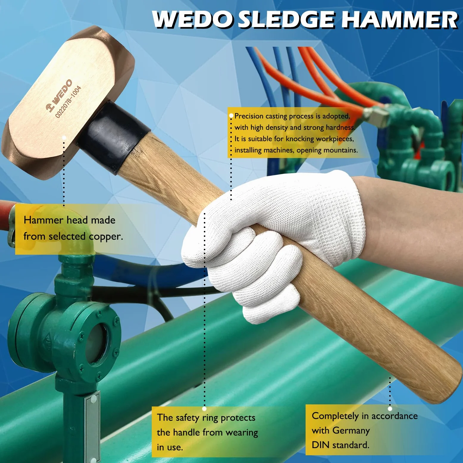 WEDO Fäustel,Kupferhammer,Vorschlaghammer mit Holzgriff,910g,Länge 320mm,Trockenbauhammer,Stemmhammer,Abbruchhammer Einsatz bei Präzisionsabbrucharbeiten