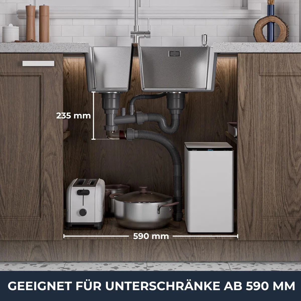 ANW HOME Spülbecken Küche 2 Becken 61x51 cm, Edelstahl 304 | Einbau, Nano-Beschichtung, Stärke 3,0+1 mm, Mit Siphon, Seifenspender, Korb