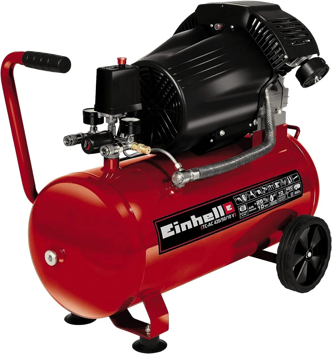 Einhell Kompressor TC-AC 420/50/10 V (2200 W., max. 10 bar, 50 l-Tank, 420 l/min Ansaugleistung, Motordrehzahl 2850 min^-1, Druckminderer, Manometer, Ölschmierung)