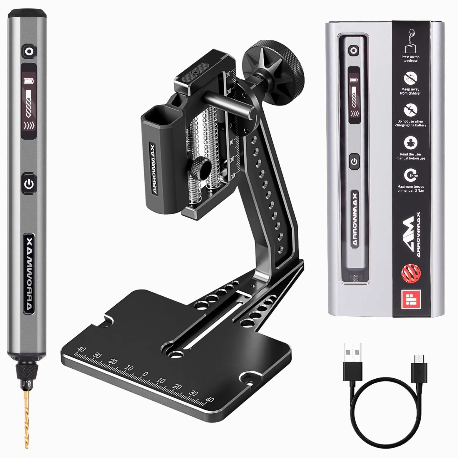 5-Gang-Elektro-Mini-Bohrstift mit Igel-Tischpresse, ARROWMAX 10 kleine Bohrer mit Aluminiumbox, OLED-Display, LED-Leuchten, 3/32 Zoll Schnellspannbohrfutter (SDS ULTRA PlUS)