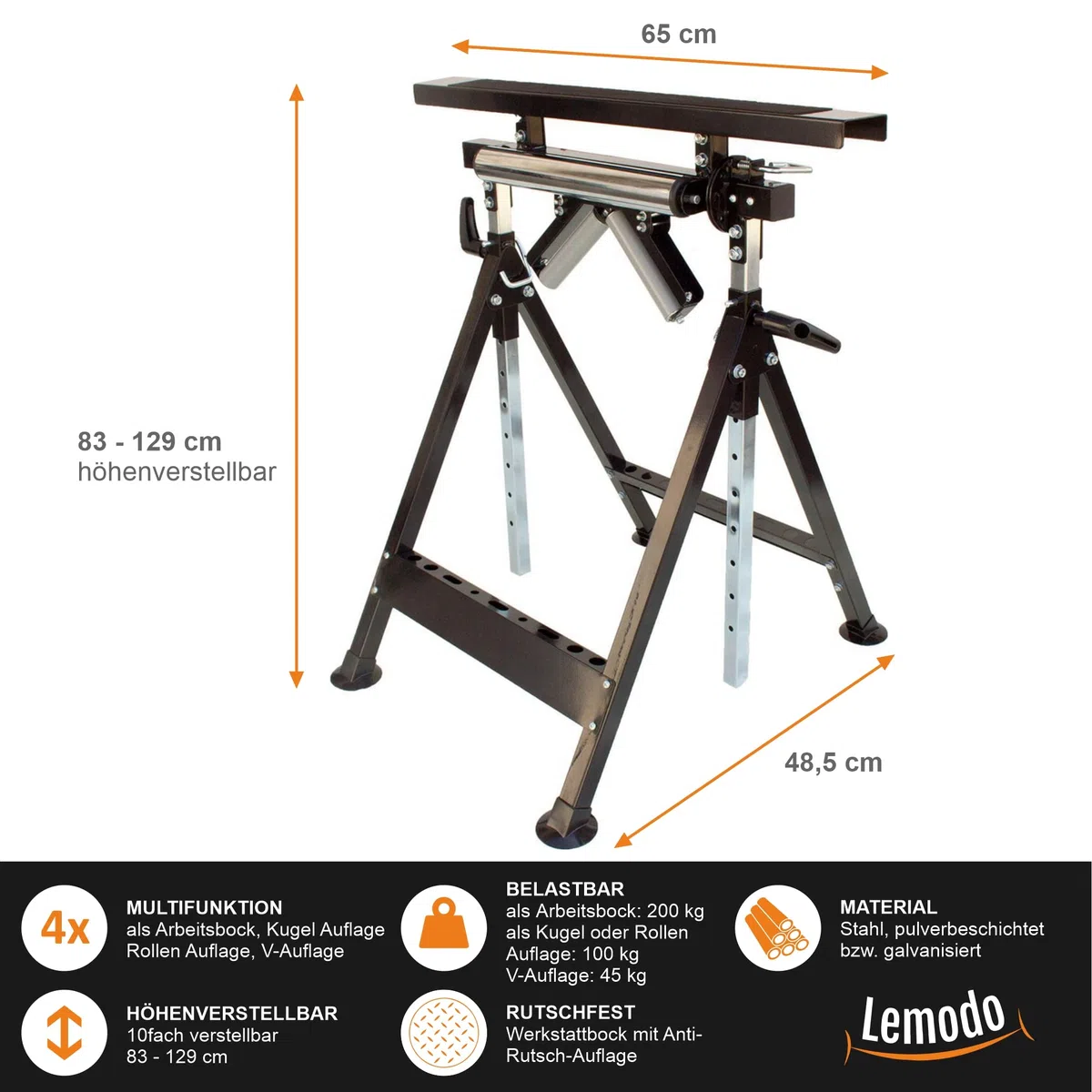 Lemodo Multifunktions-Arbeitsbock 4 in 1 höhenverstellbar 83–129 cm klappbarer Montagebock aus Stahl bis 200 kg Tragkraft