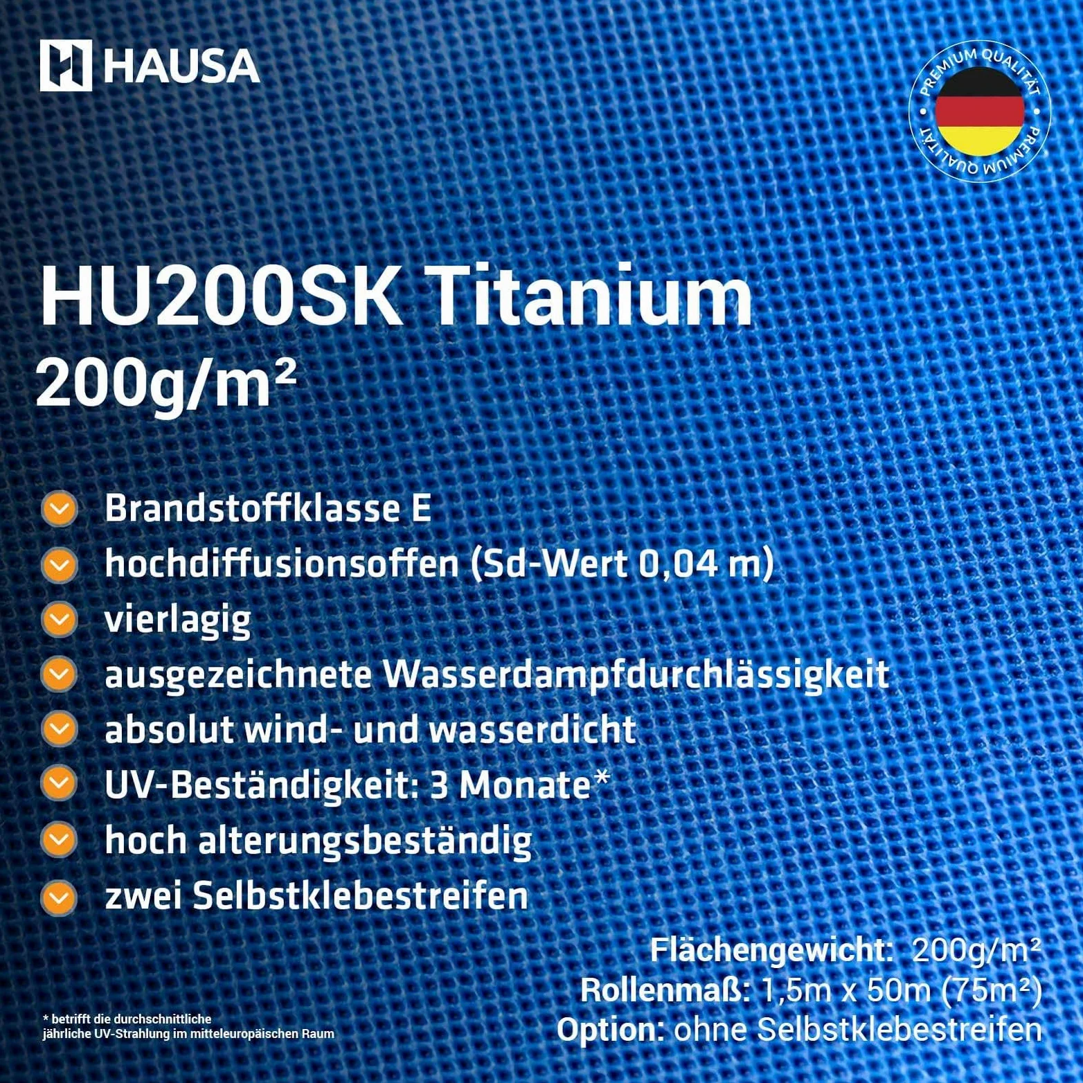 HAUSA Unterspannbahn Dach Titanium HU200SK 200g/m² 37,5m² (1,5mx25m) Dachfolie mit klebestreifen hochdiffusionsoffene wasserdichte Unterdeckbahn witterungs- alterungsbeständig reißfest Schalungsbahn