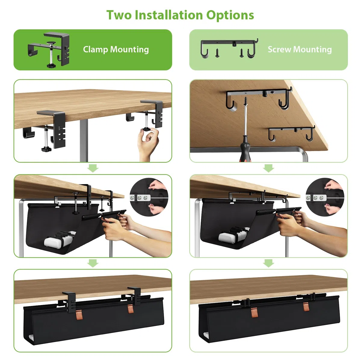 KEEGH Kabelkanal Schreibtisch Ohne Bohren, 76cm Unter dem Kabelmanagement Schreibtisch - Klemmen/Schraubmontage, Stoff-Kabelkanal für Gaming-PCs und Kabelverstecker für Büro & Zuhause, Schwarz