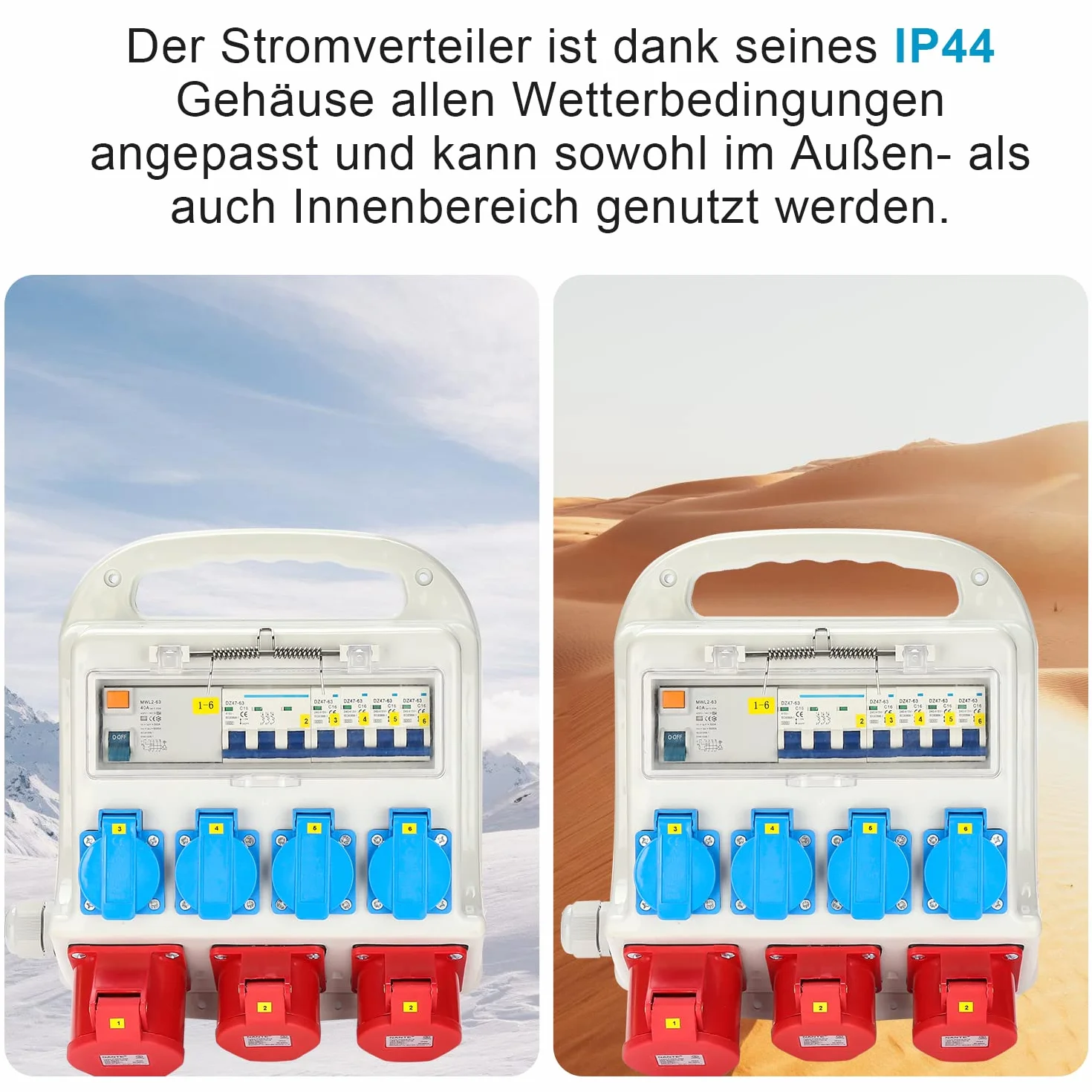 Baustromverteiler 2xCEE 400V/16A 5-polig, 1xCEE 400V/32A 5-polig, 4x230V(Schuko) 2-polig, Wandverteiler Für Baustelle, IP44 wasserdicht, mit FI-Schutzschalter