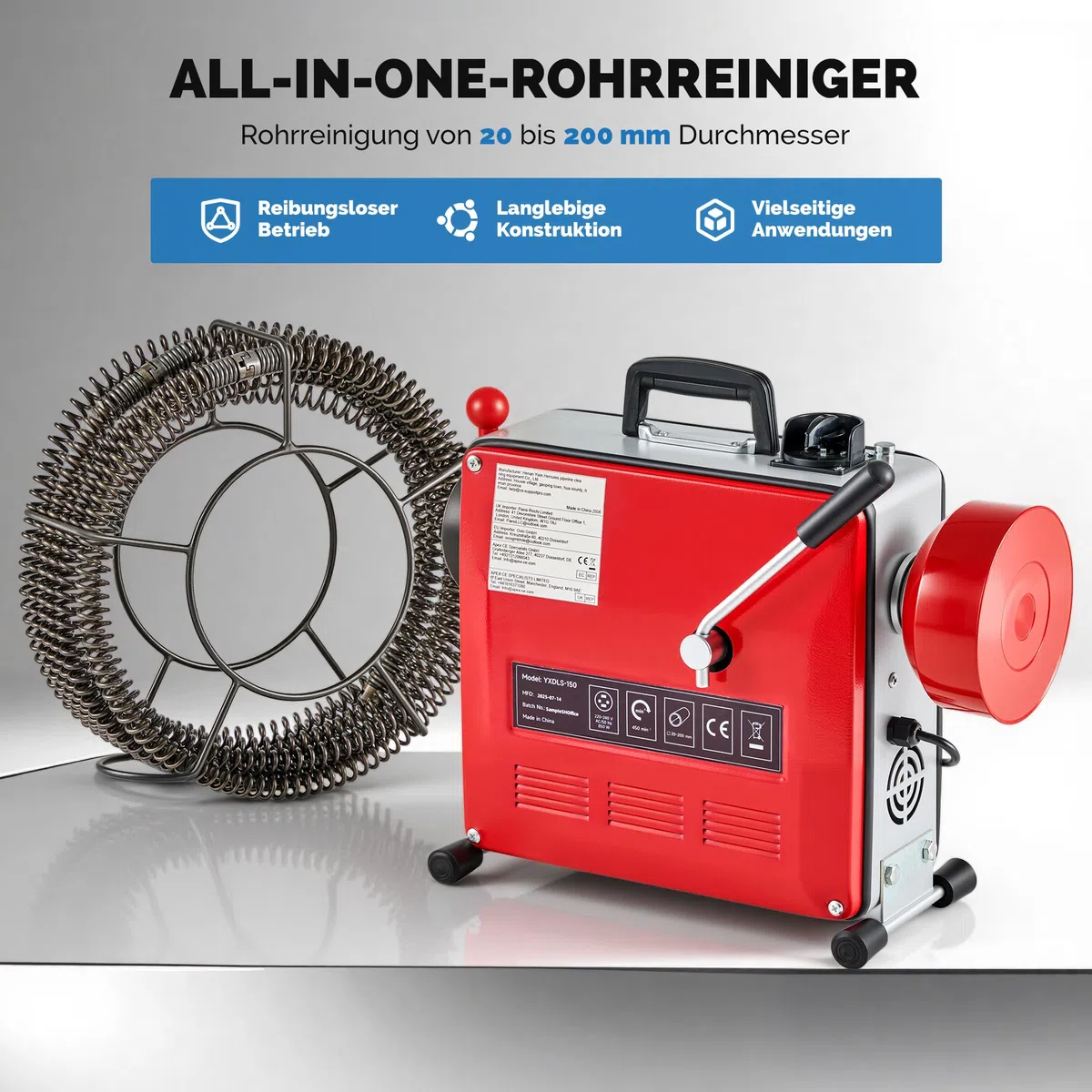 ZELCAN 850W Rohrreinigungsmaschine Rohrreinigungsspirale Elektrisch mit Ø10mm, Ø16mm,Ø22mm Spirale Rohrreinigungsgerät Kanalreinigungsgerät 450 U/min. für Ø20-200 mm Rohrleitungen für WC, Kanalisation