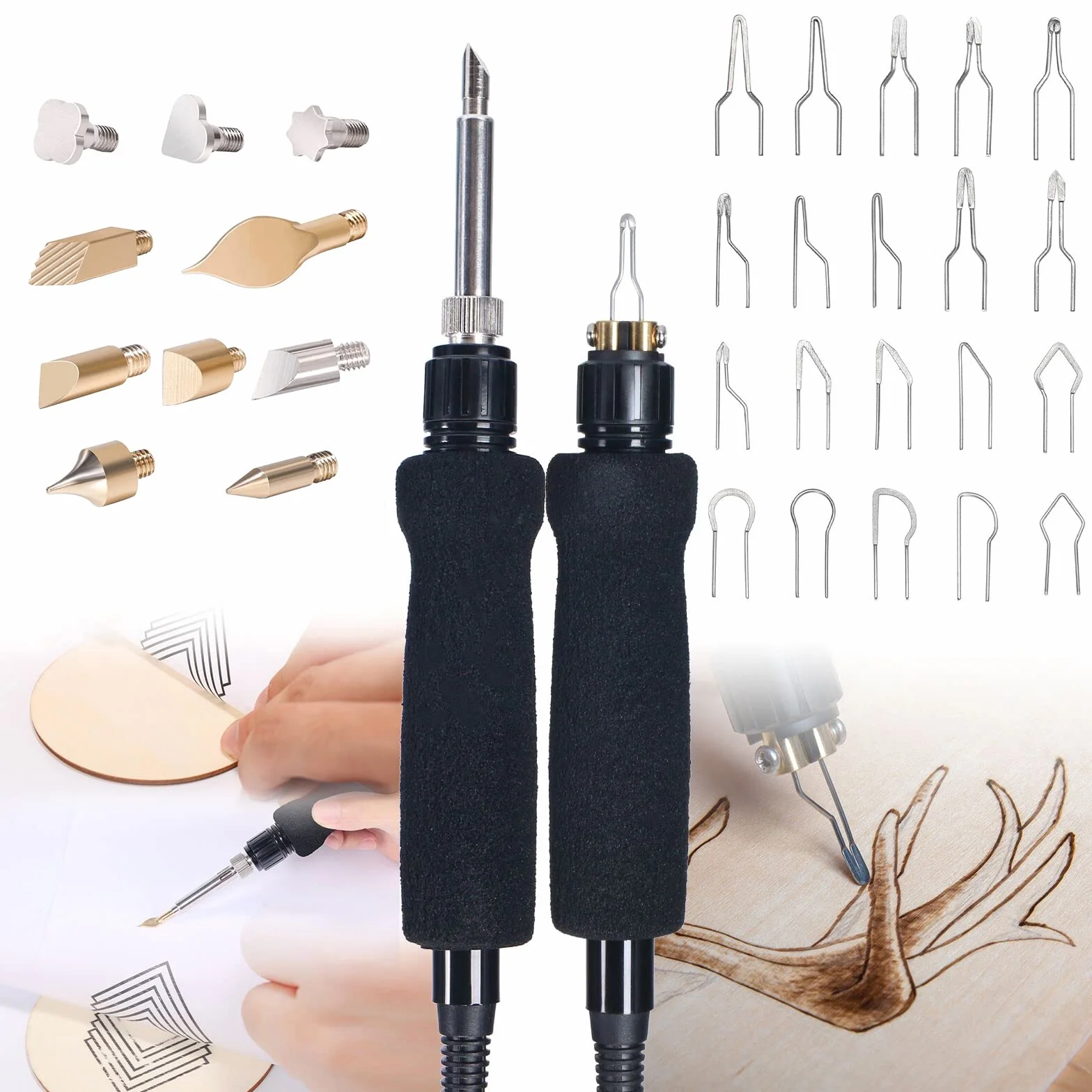 YIHUA 939D-II 2-IN-1 Brandmalerei-Set Holzbrennstation mit 2 Brandmalkolben-Stiften(Festspitze & Drahtspitze) mit 10 Festspitzen und 20 Drahtspitzen für Holzverbrennung(EU PLUG)
