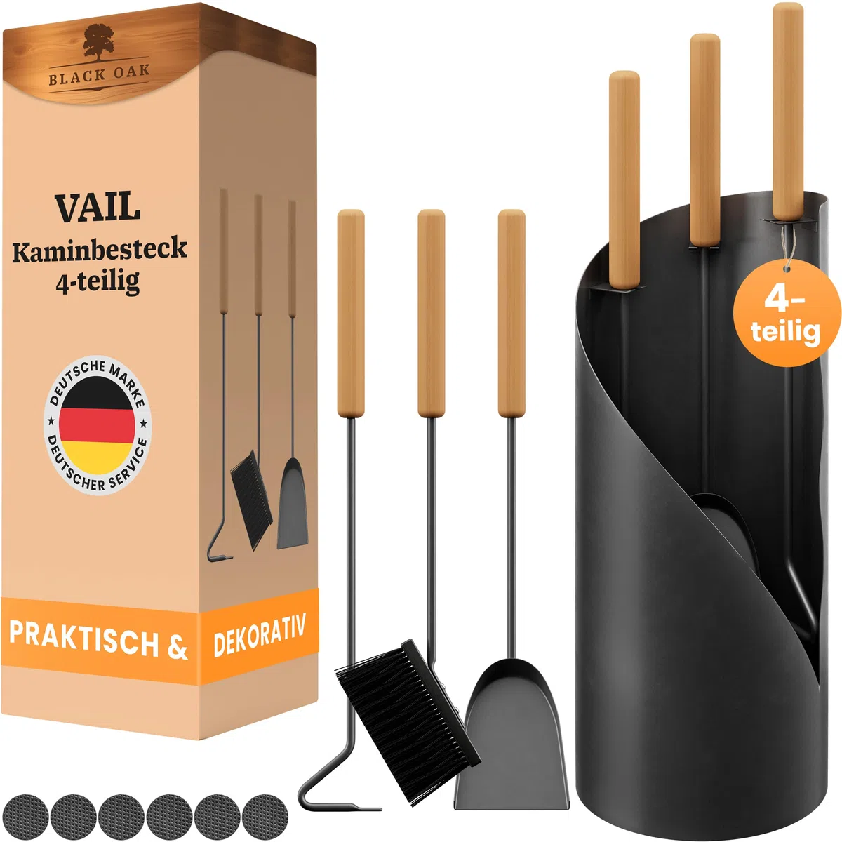 BLACK OAK Kaminbesteck VAIL 4-teilig - modernes Ofenbesteck Set schwarz mit Holzgriff 4 teilig mit Schürhaken Ascheschaufel Kaminbesen + Ständer modern Stahl - Kaminzubehör Kaminofen Besteck für Ofen