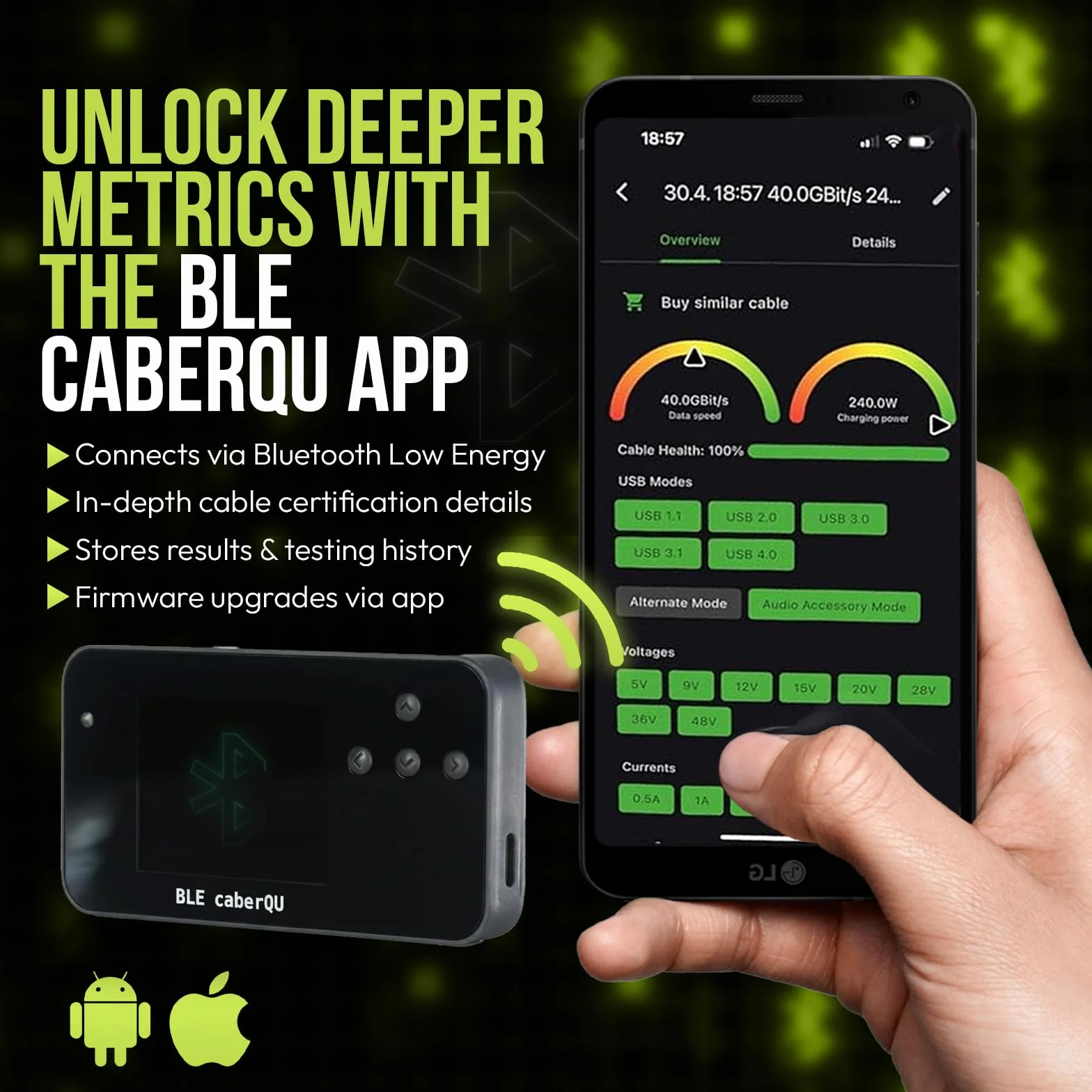 BLE caberQU Digitaler USB-C-Kabeltester, USB PD 3.0/3.1/3.2 eMarker-Anzeige, 25-polige Kontinuitäts-Pinbelegung, USB 2/3/4, Kabelwiderstand, iOS- und Android-App (BLE caberQU)