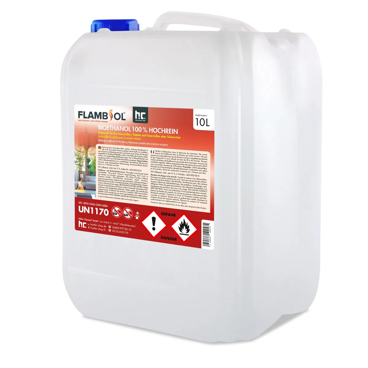 Höfer Chemie 10 L FLAMBIOL® Bioethanol 100% Hochrein für Ethanol Kamin, Ethanol Feuerstelle, Tischfeuer und Bioethanol Kamin