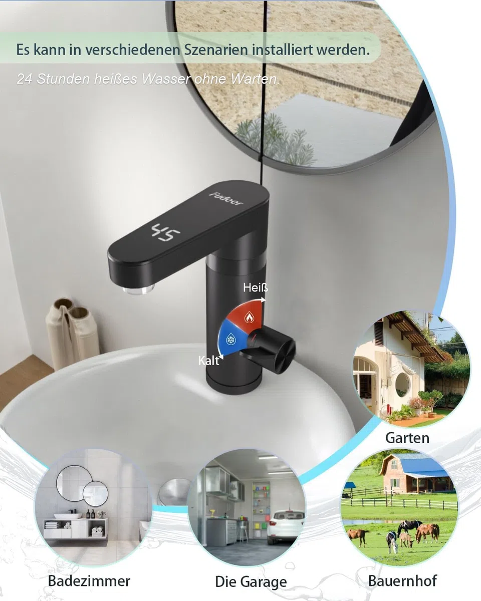 Warmwasserhahn Dlektrisch, Elektrischer Heiß- und Kaltmischer Wasserheizhahn mit digitaler Anzeige, 3300W Wasserhahn mit Durchlauferhitzer Elektrischer Hahn für Waschbecken (Schwarz)