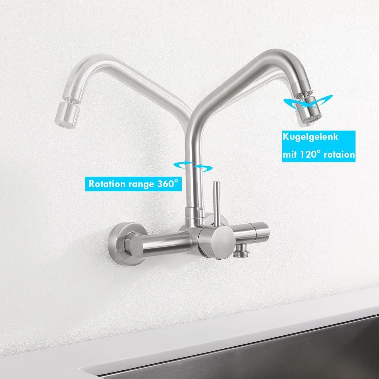 ONECE Küchenarmatur in Wand mit 3/4 Zoll Anschluss für Geschirrspüler/Waschmaschine, Wandarmatur mit 2 Strahlarten, Wasserhahn Küche Wandmontage Mischbatterie, Matt