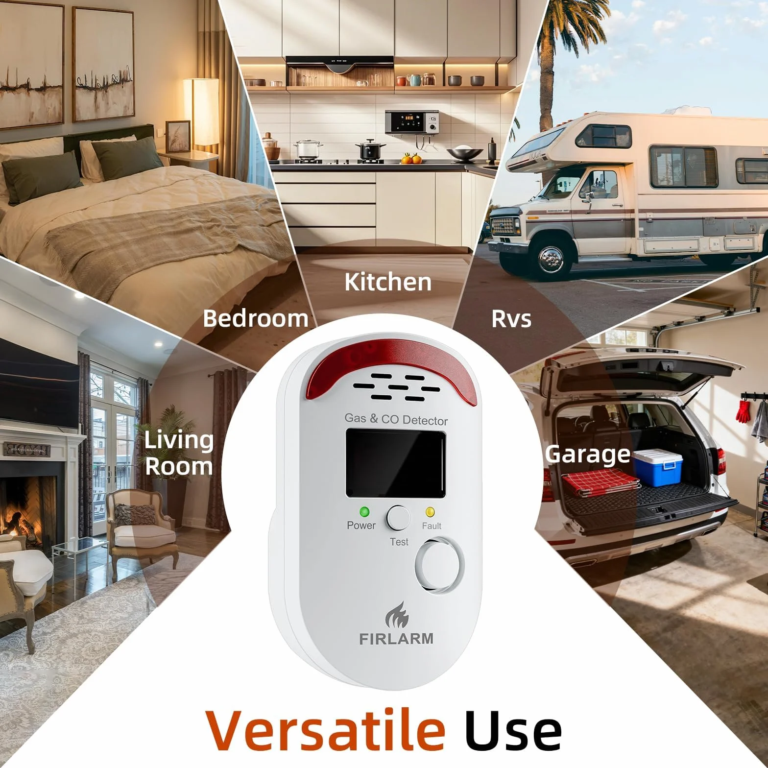 Firlarm Gas und Kohlenmonoxid Melder Haus, Kombinierte Gaswarnmelder & CO Melder mit Stecker und LED-Anzeige, Brennbaren Gasdetektor and CO Warner für Küche, Wohnmobil und Garage
