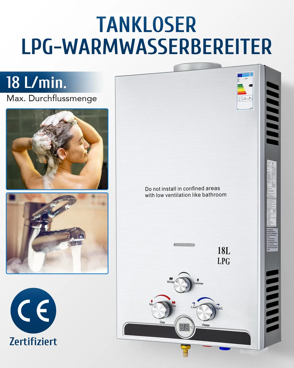 CO-Z 18L Gas Durchlauferhitzer LPG Warmwasserbereiter Durchlauferhitzer Warmwasserspeicher Heißwasserbereiter Boiler Tankless Instant Boiler (18L)