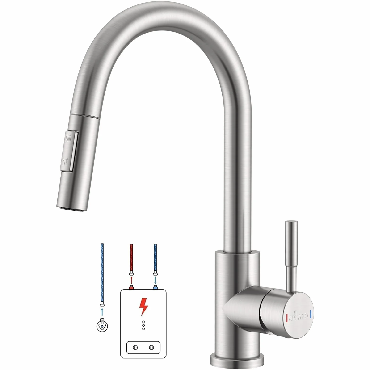 APPASO Niederdruck Armatur Küche, Niederdruck Küchenarmatur Ausziehbar, Wasserhahn Küche 3 Anschlüssen, Spültischarmatur Niederdruck mit 2 Strahlarten für Boiler Gebürstet