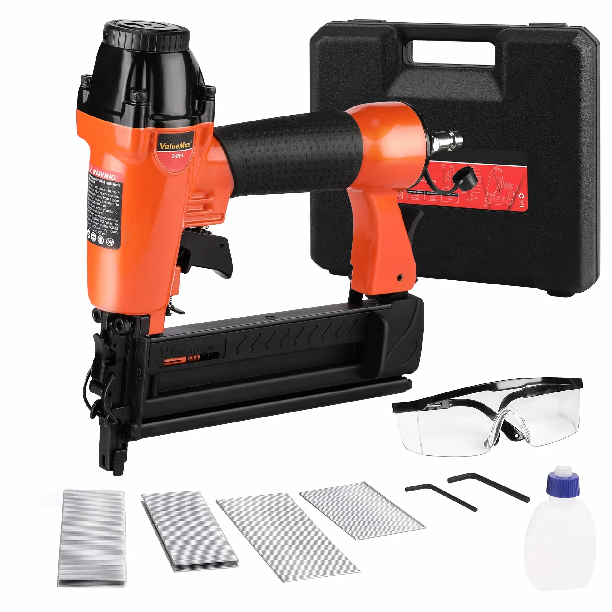 ValueMax 2 in 1 Druckluftnagler Profi Drucklufttacker inkl. 400 Klammern & Nägel, max 8,3 bar Druckluft Nagelpistole mit Sicherheitsnase für Werkstatt und Haus (Nägel bis 50mm, Klammern bis 40mm)