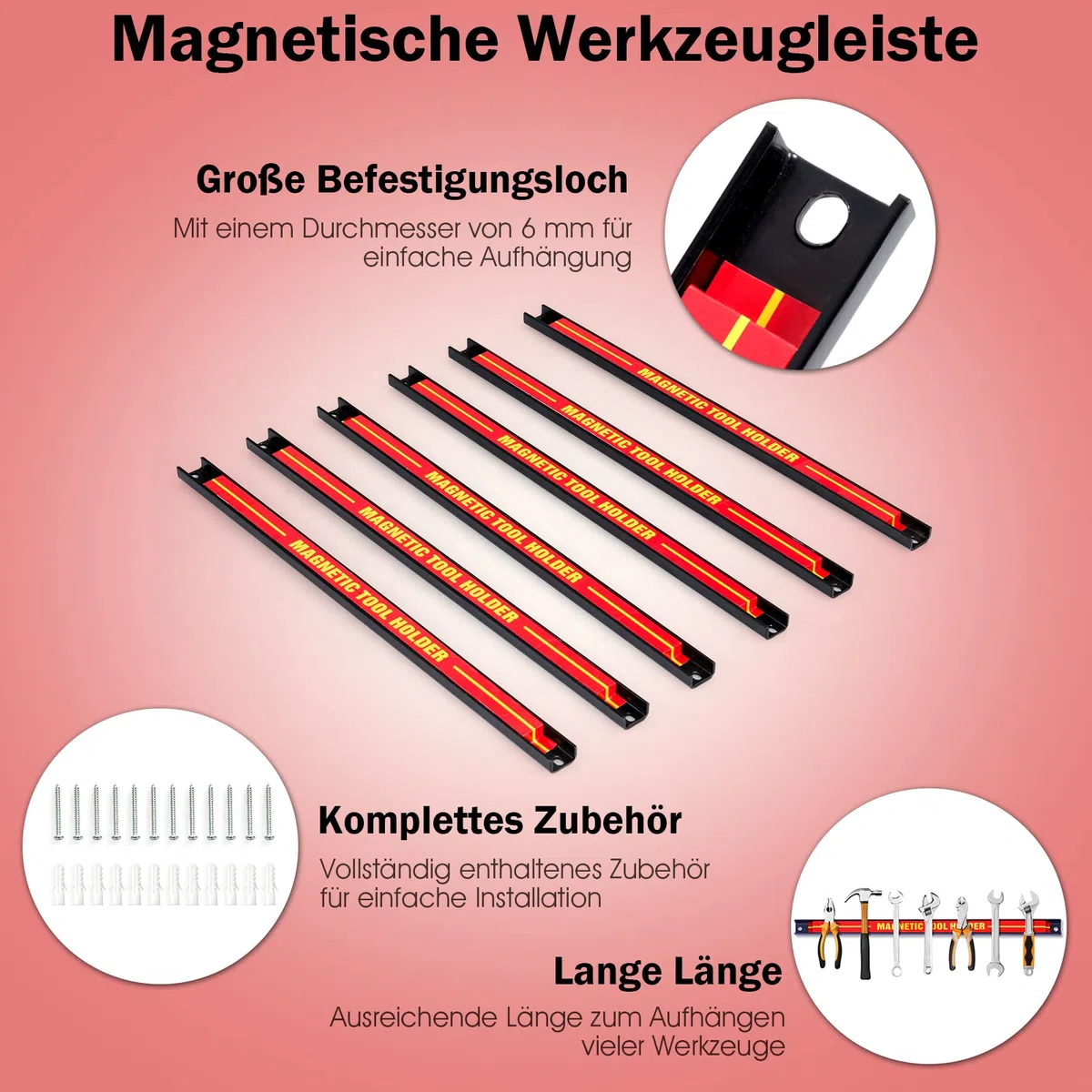 GYMAX Magnetschiene Werkzeug Set 46 cm 10 kg belastbar Magnethalter Werkzeug Organizer Wand Rot