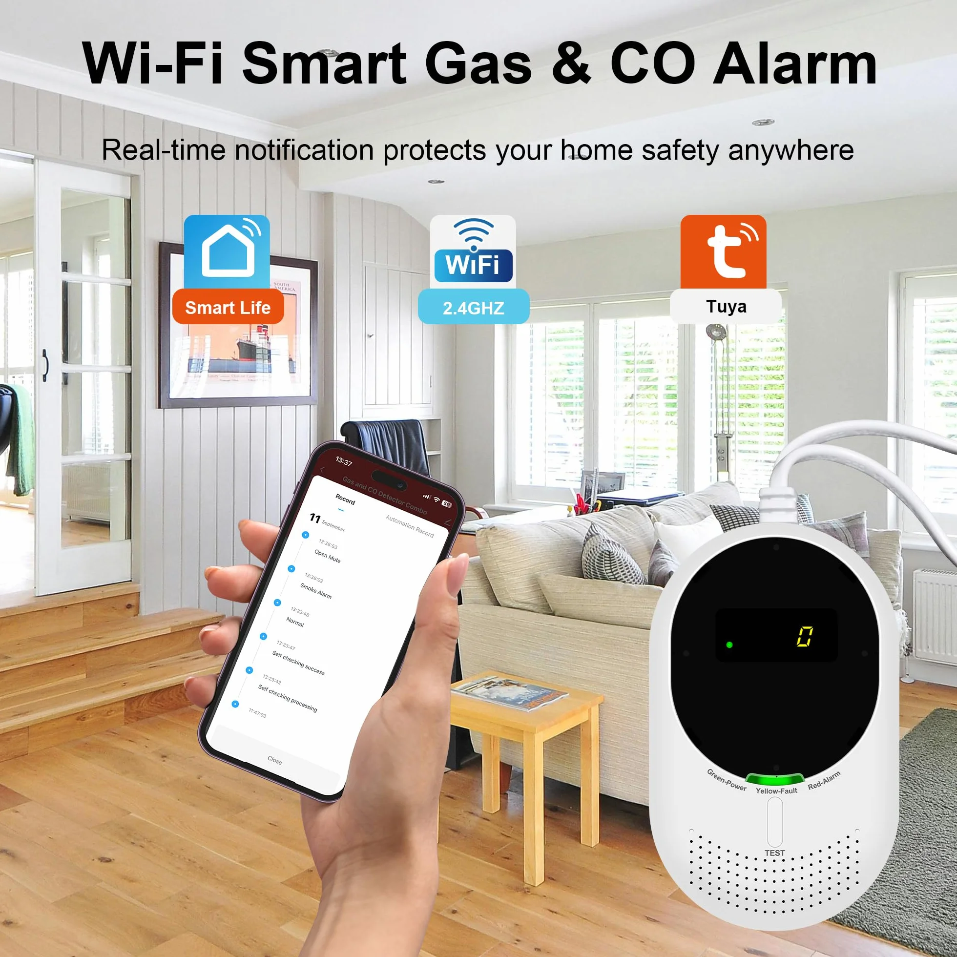 WLAN Gas- und CO-Melder, Gasmelder & Kohlenmonoxidmelder mit LCD, Zertifiziert nach EN50291 & EN50194, Gasmelder (für Erdgas & LPG) und CO-Melder, 5 Jahre Sensorlebensdauer (1 Stück)